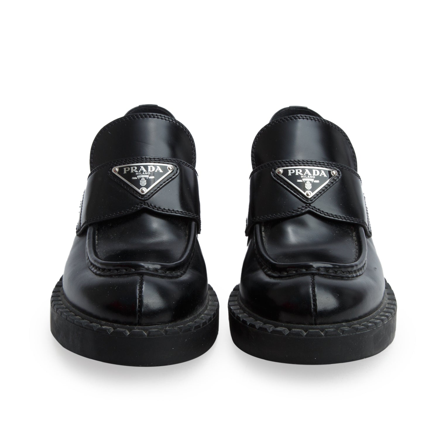 Prada Black Brushed Calfskin Leather Metal Triangle Logo Loafers, Women's Size 37