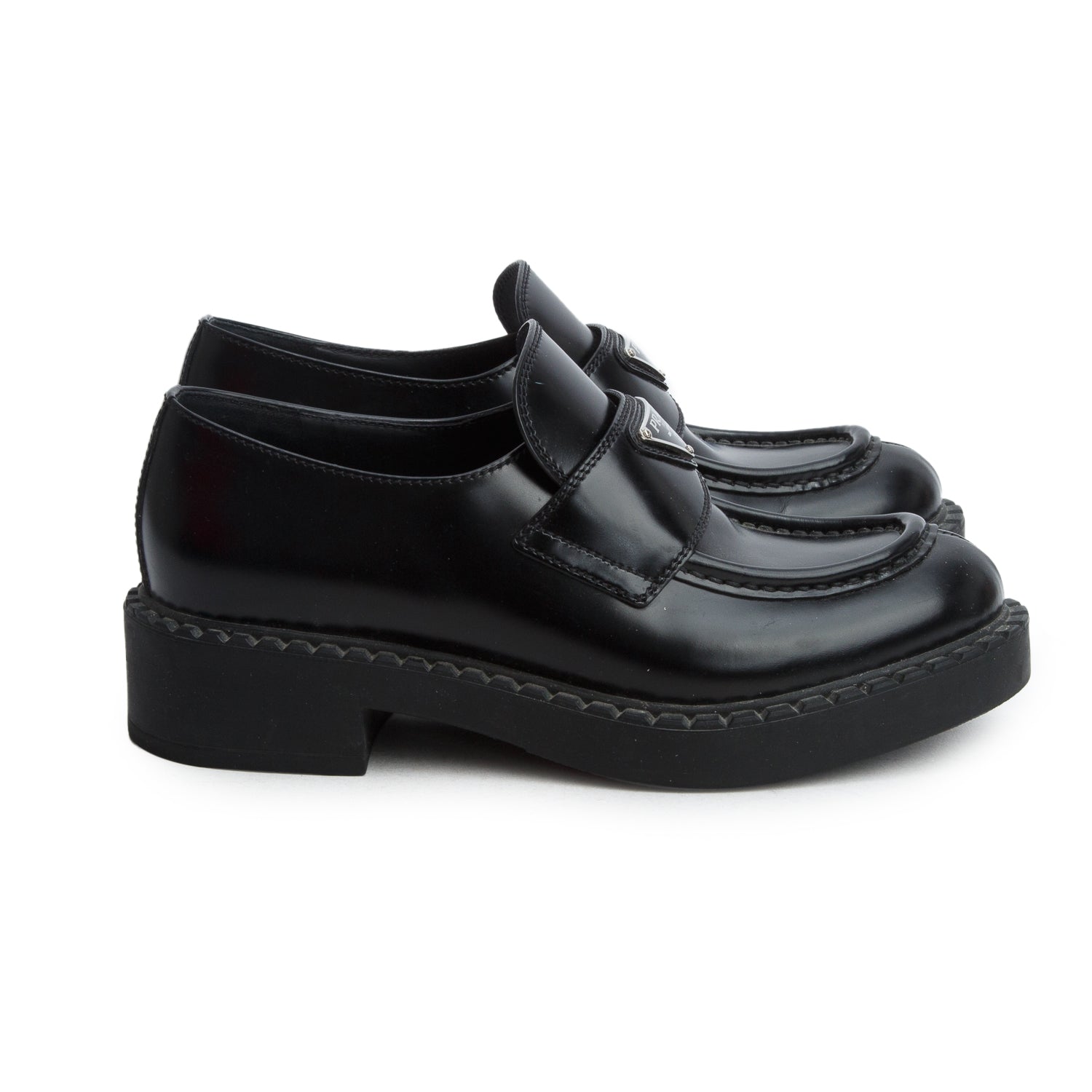 Prada Black Brushed Calfskin Leather Metal Triangle Logo Loafers, Women's Size 37