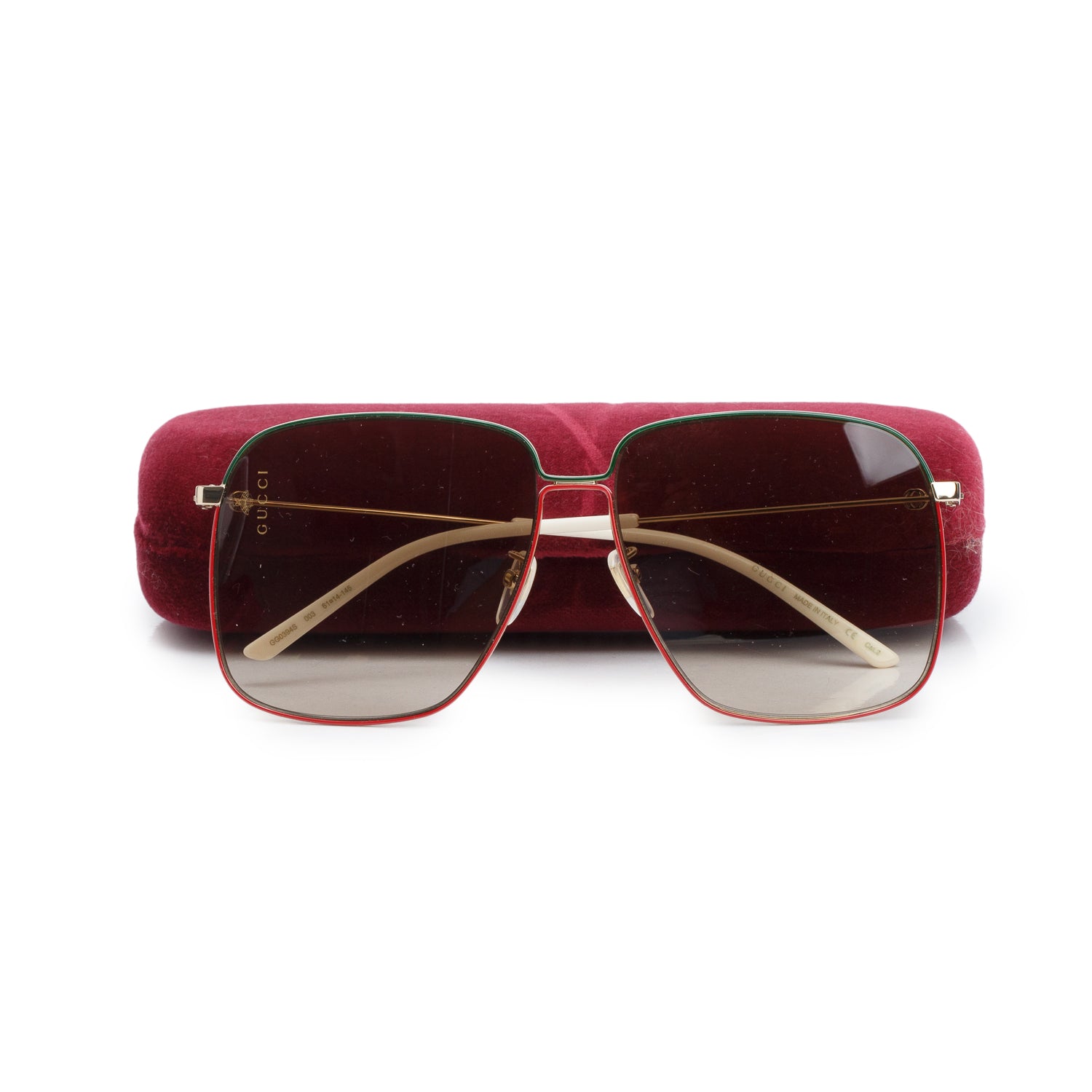 Gucci GG0394S Red Green Metal White Acetate Oversized Square Sunglasses w/ Case