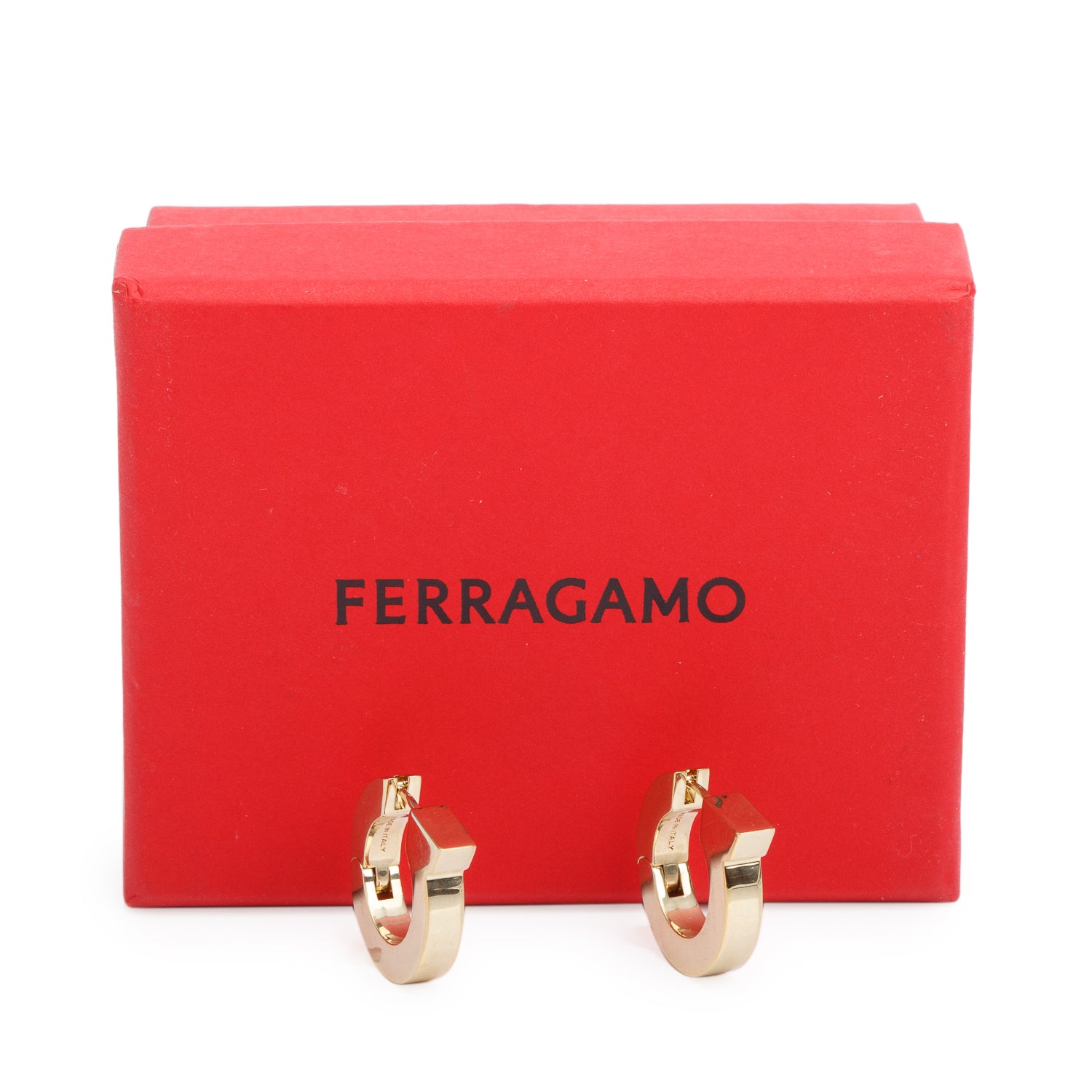 Ferragamo Gold-Plated Ear Gancio F Hoop Earrings w/ Box