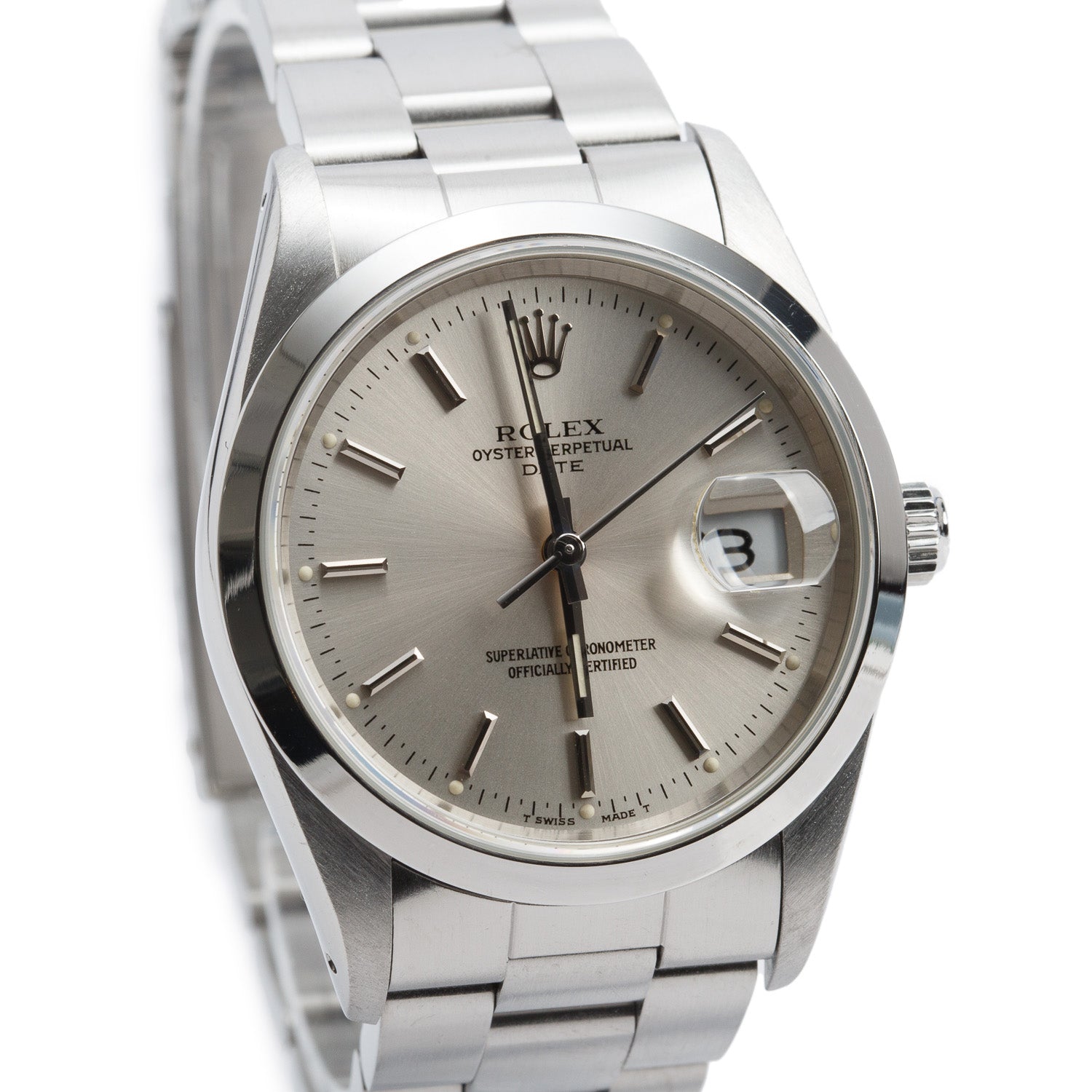 Rolex Stainless Steel Oyster Perpetual Date 34 MM Automatic Watch Silver Dial 15200