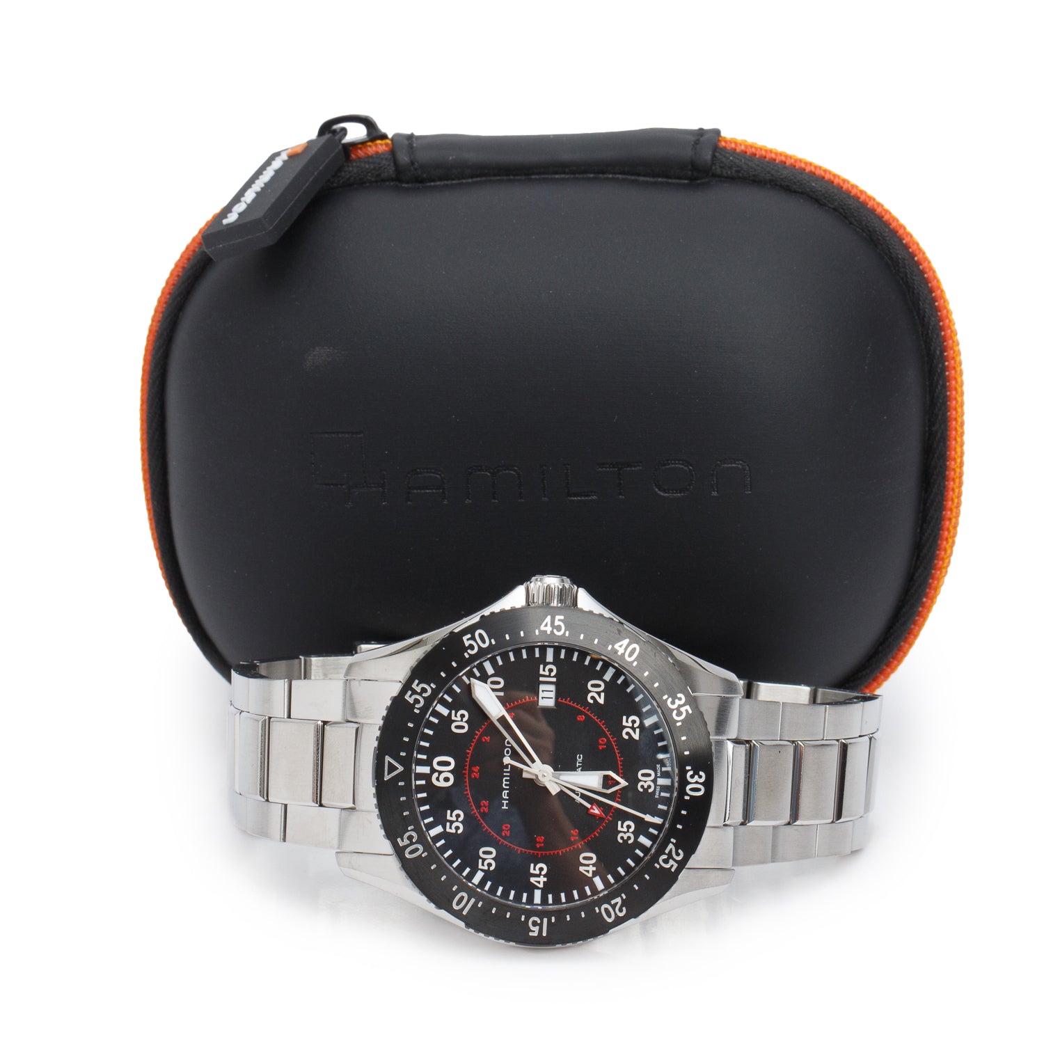 Hamilton Stainless Steel Khaki Pilot 44 MM GMT Automatic Watch Black Dial H76755135 w/ Case & Papers