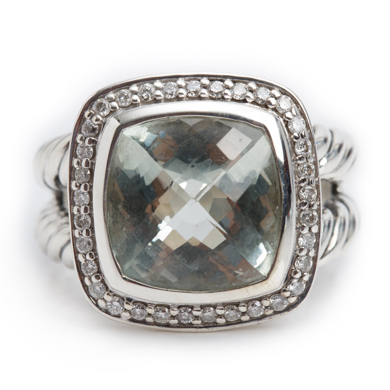 David Yurman Sterling Silver Albion Ring with 11 MM Prasiolite & Diamonds, Size 6.25