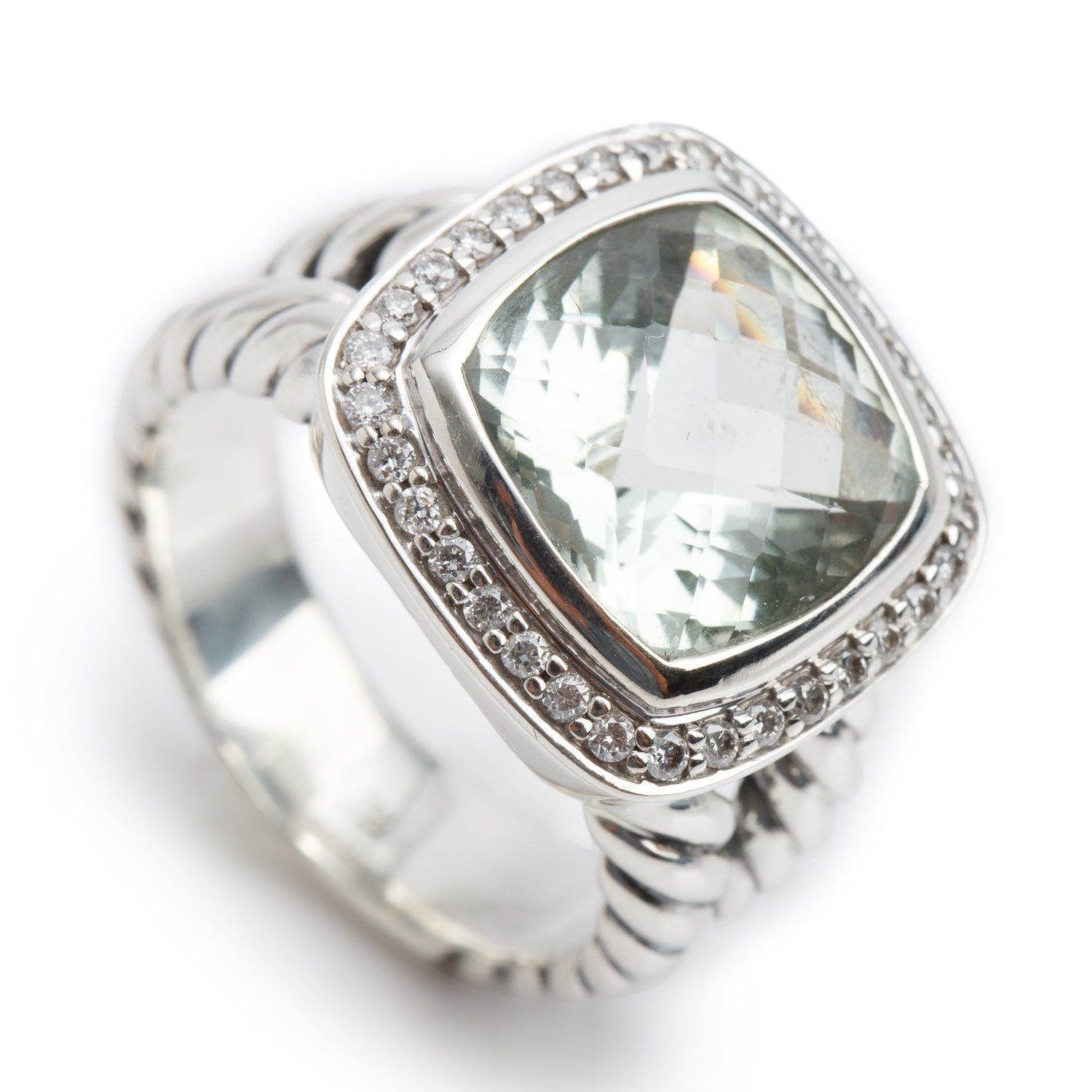 David Yurman Sterling Silver Albion Ring with 11 MM Prasiolite & Diamonds, Size 6.25