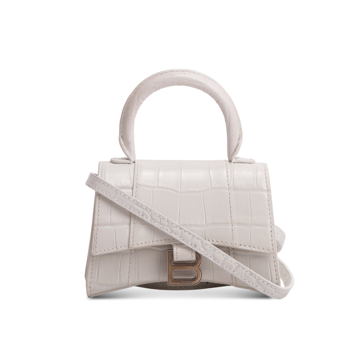 Balenciaga White Shiny Calfskin Croc Embossed Hourglass Top Handle Mini Bag w/ Strap