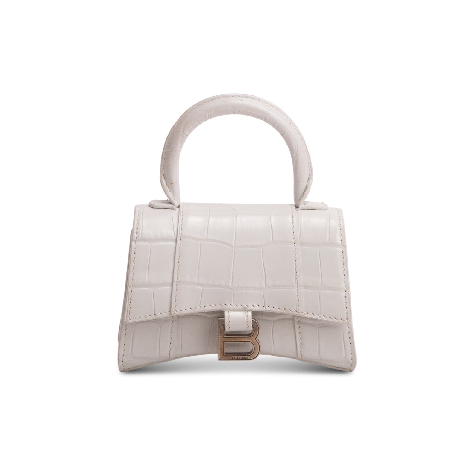 Balenciaga White Shiny Calfskin Croc Embossed Hourglass Top Handle Mini Bag w/ Strap