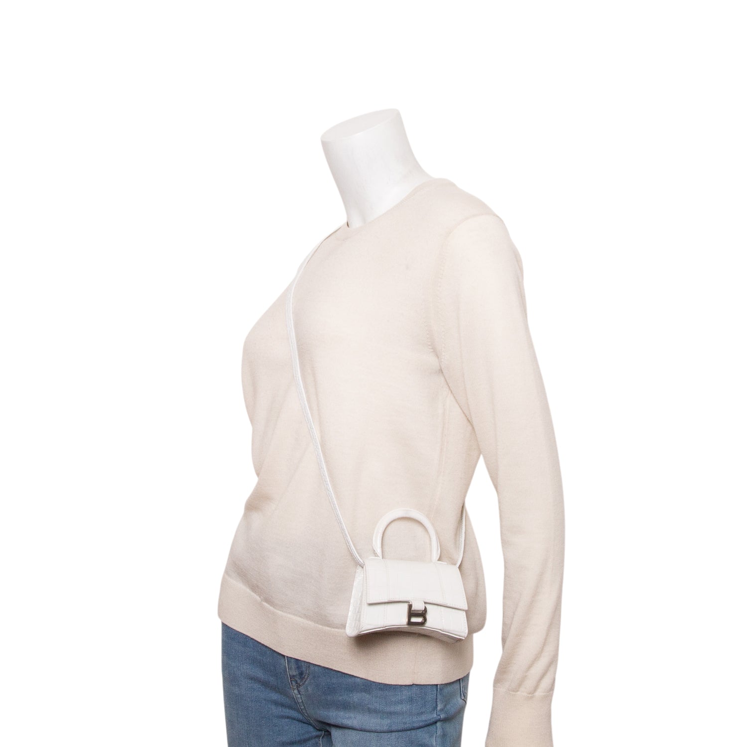 Balenciaga White Shiny Calfskin Croc Embossed Hourglass Top Handle Mini Bag w/ Strap