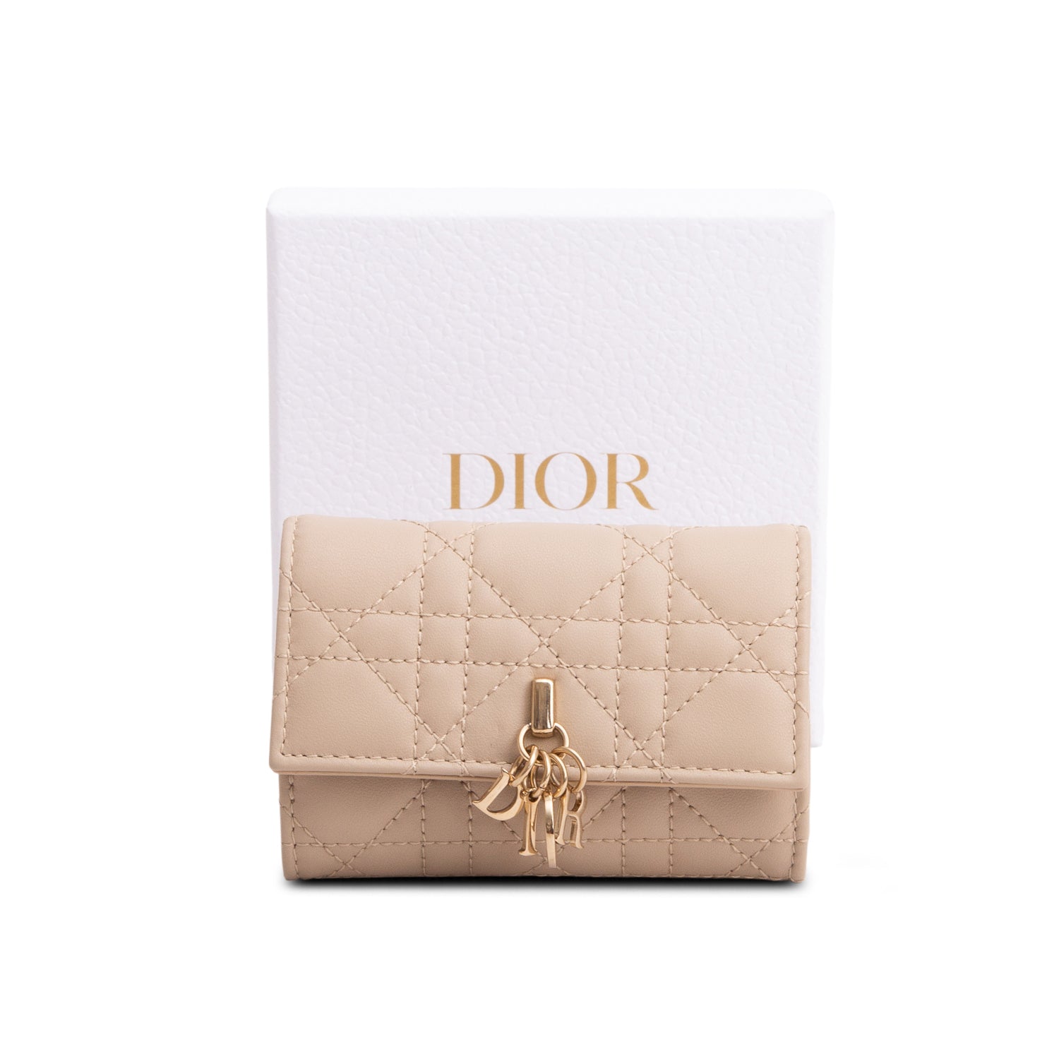 Christian Dior 2023 Beige Lambskin Cannage Lady Glycine Wallet w/ Box