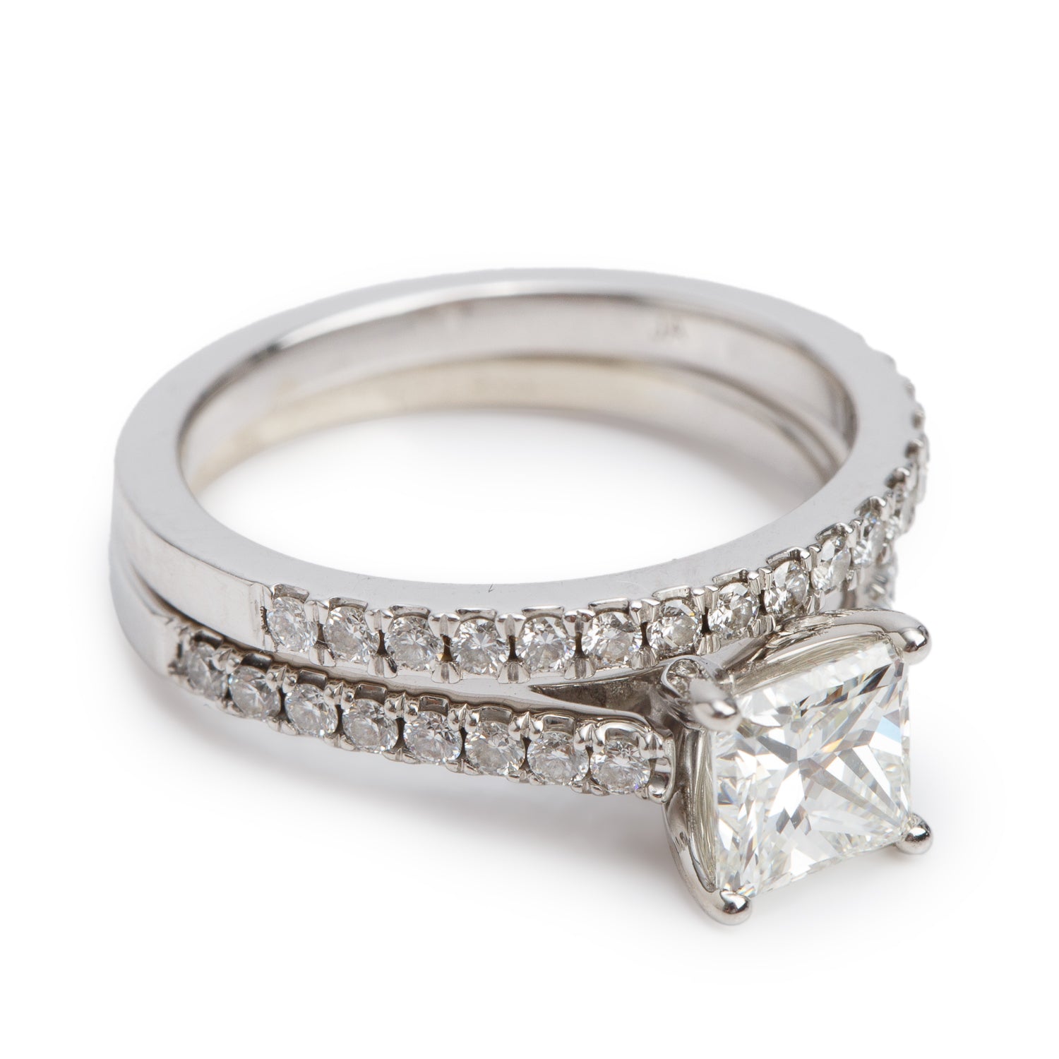 14k White Gold 1.00 ct. Princess Cut Diamond Engagement Ring & Half Eternity Band Ring Set, Size 5 w/ GIA Certificate