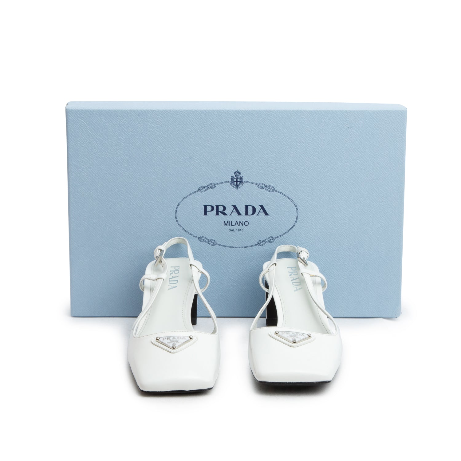 Prada White Patent Leather Triangle Logo Slingback Pumps, Women's Size 38 w/ Box