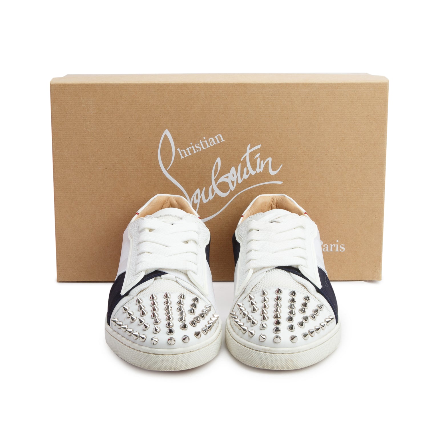 Christian Louboutin Tricolor Leather Canvas Elastikid Spike Flat Sneakers, Men's Size 40 w/ Box