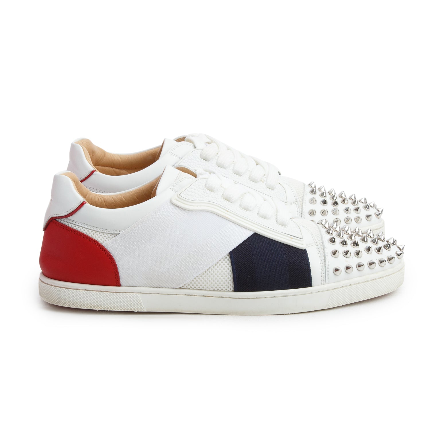 Christian Louboutin Tricolor Leather Canvas Elastikid Spike Flat Sneakers, Men's Size 40 w/ Box