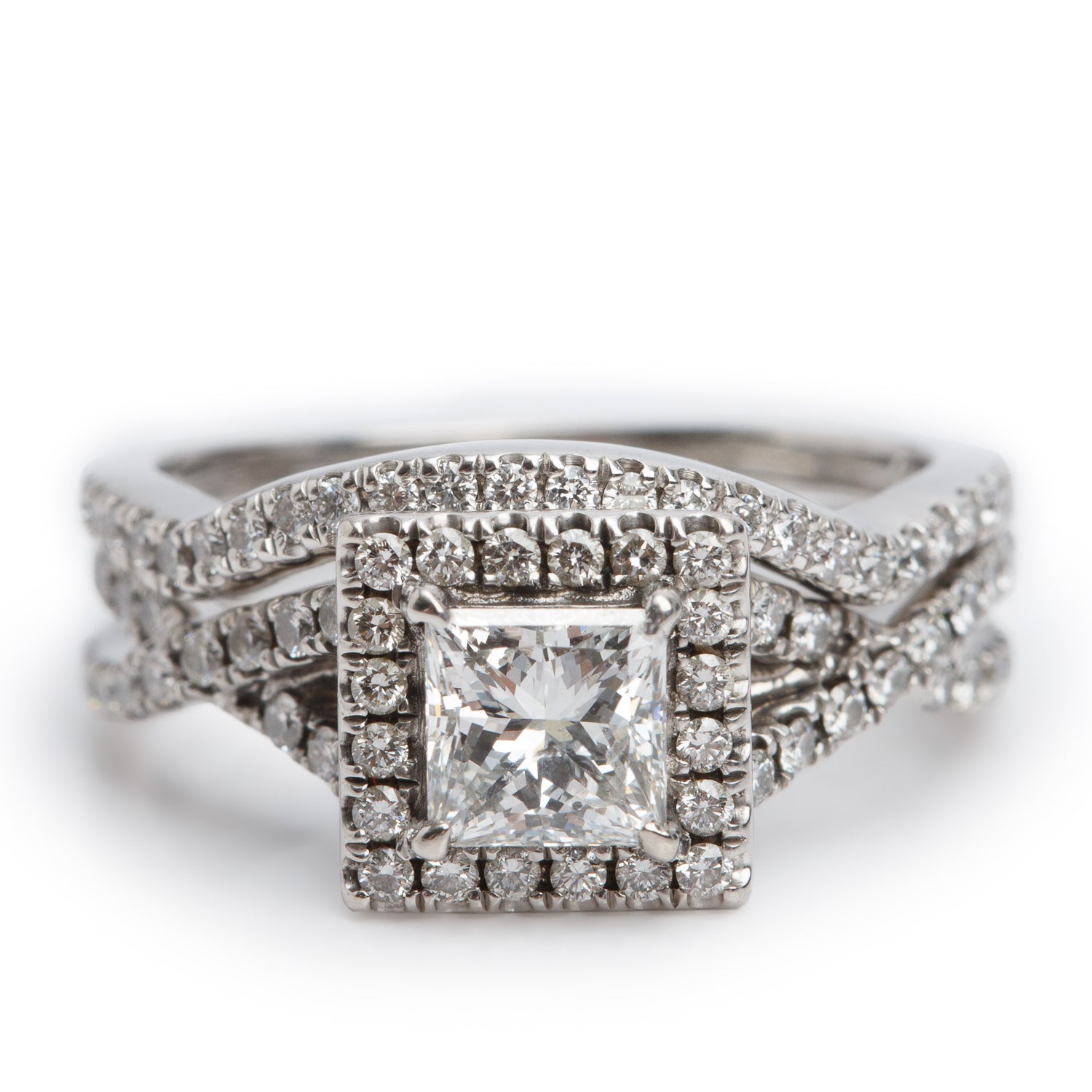 14k White Gold 0.72 ct. Princess Cut Diamond Engagement Ring & Half Eternity Band Ring Set, Size 6 w/ GIA Certificate