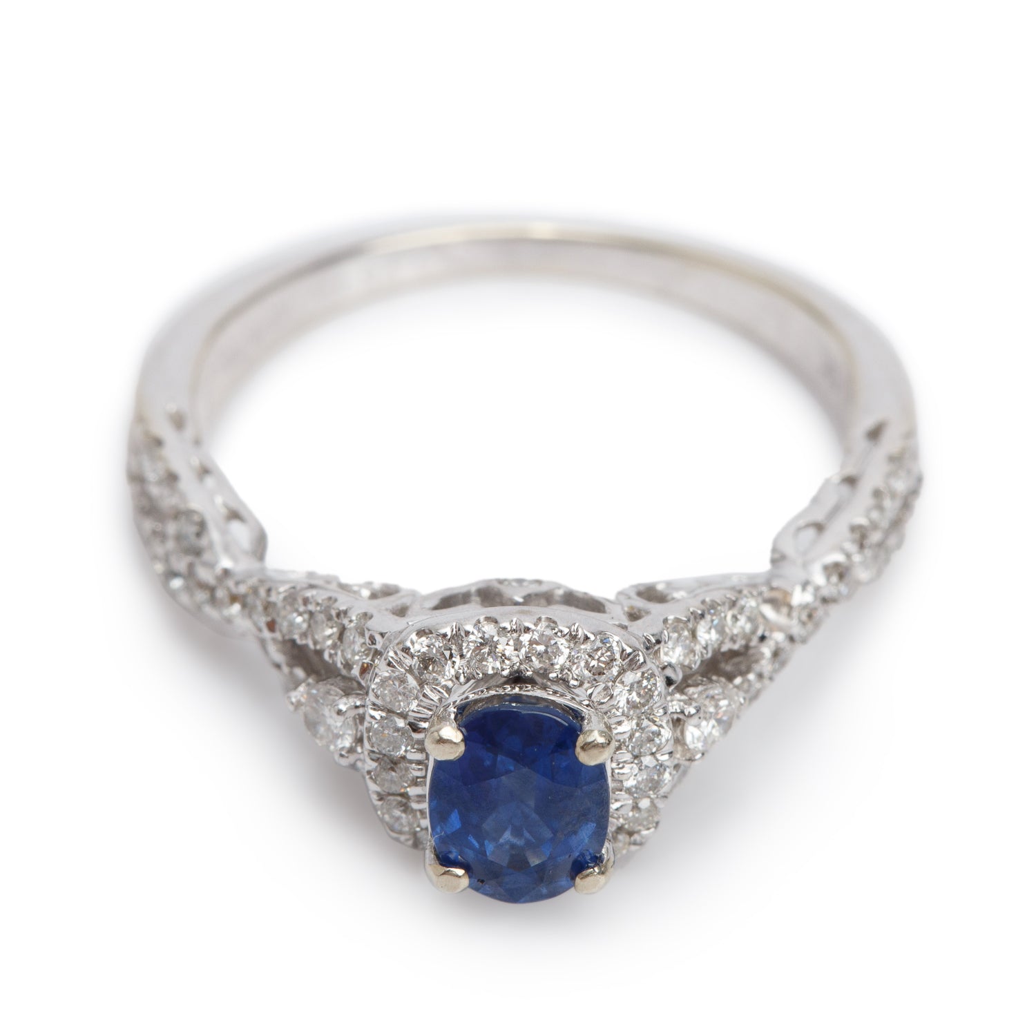 14k White Gold Blue Sapphire & Diamond Engagement Ring, Size 7