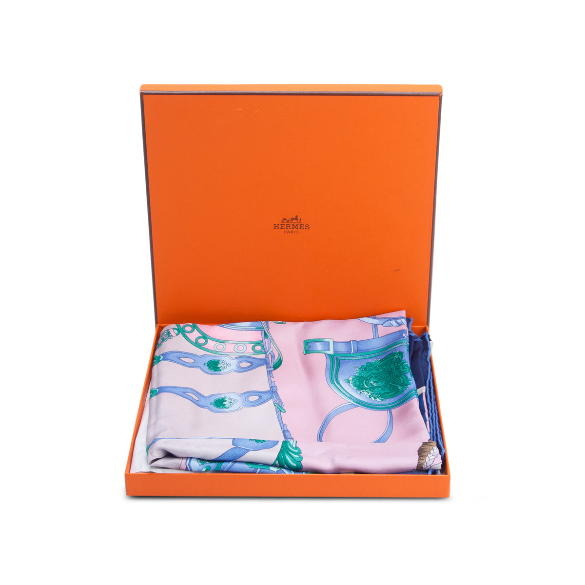 Hermes Blue & Multicolor 'Harnais de Cour' Silk Scarf 90 w/ Box & Receipt