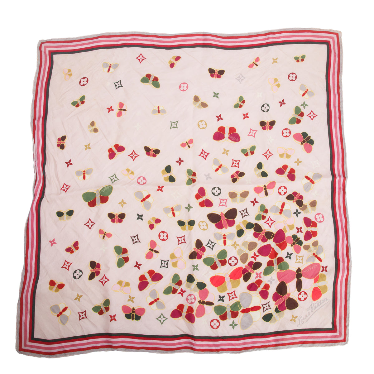 Louis Vuitton Pink Monogram Multicolor Butterfly Motif Square Silk Scarf w/ Box