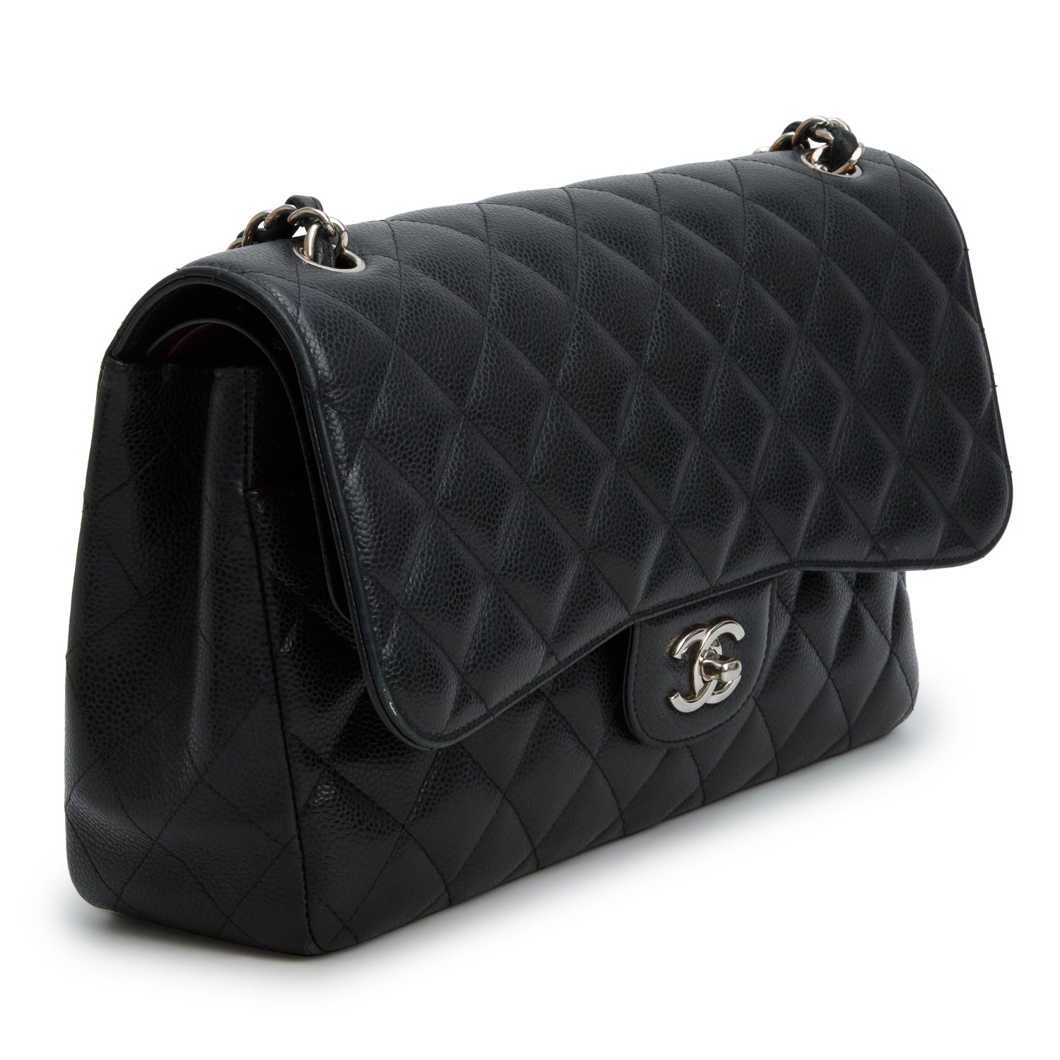 Chanel Black Caviar Quilted Leather Classic Jumbo Double Flap Bag w/ Box & Authenticity Card