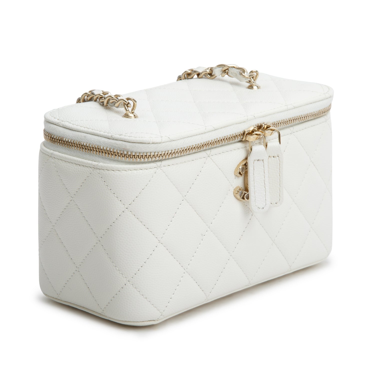 Chanel White Caviar Quilted Crystal Hearts Small Vanity Case w/ Chain