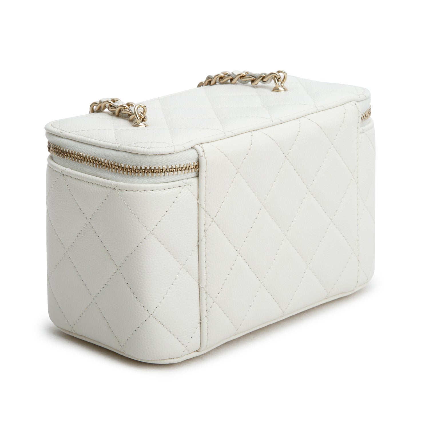 Chanel White Caviar Quilted Crystal Hearts Small Vanity Case w/ Chain