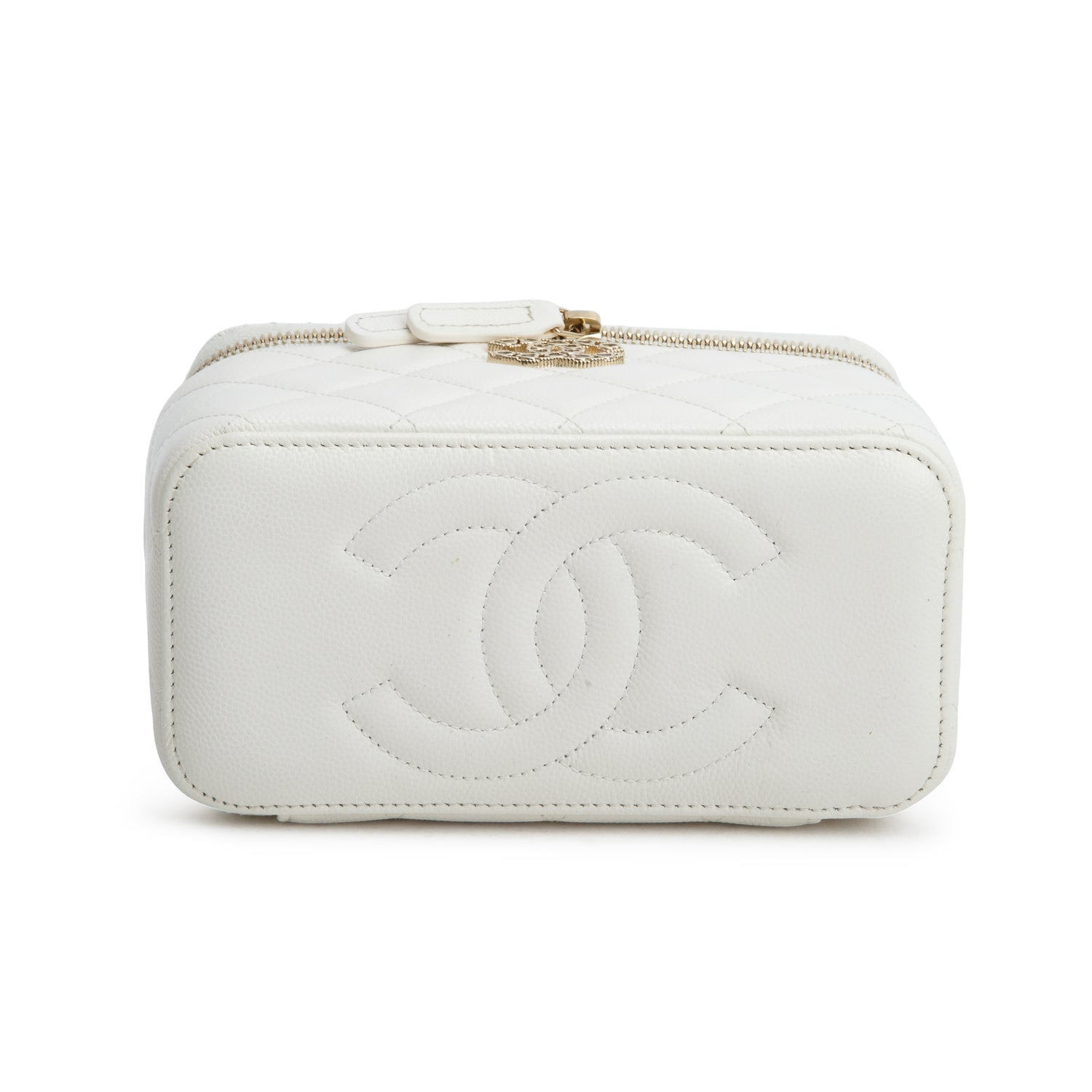 Chanel White Caviar Quilted Crystal Hearts Small Vanity Case w/ Chain