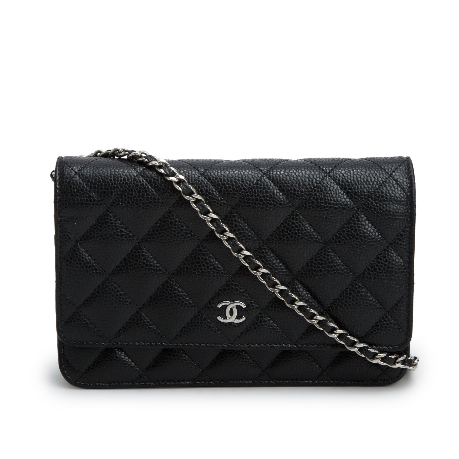 Chanel Black Caviar Quilted Classic Wallet on Chain w/ Box