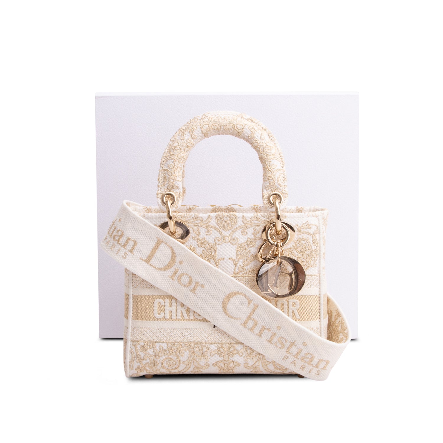 Christian Dior 2025 White & Gold Canvas Dioresque Embroidered Small Lady D-Lite w/ Box, Receipt & Strap