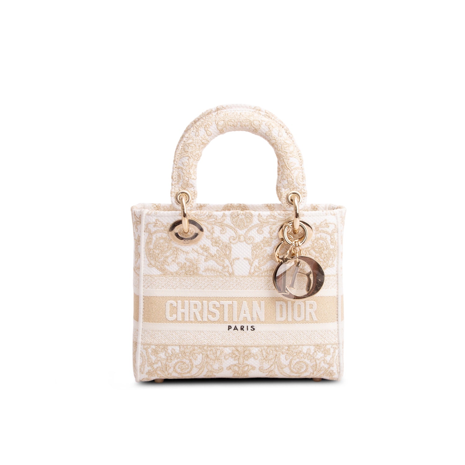 Christian Dior 2025 White & Gold Canvas Dioresque Embroidered Small Lady D-Lite w/ Box, Receipt & Strap