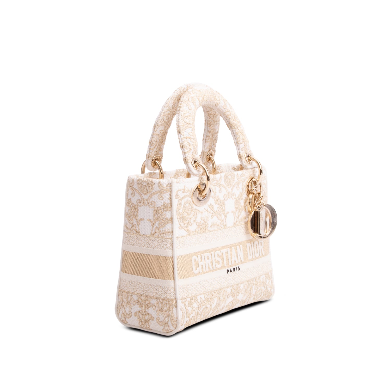 Christian Dior 2025 White & Gold Canvas Dioresque Embroidered Small Lady D-Lite w/ Box, Receipt & Strap