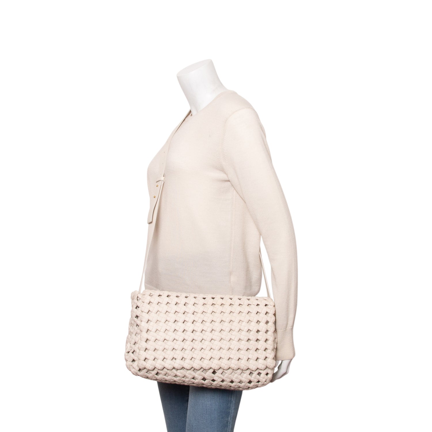Bottega Veneta White Linen Window Crochet Crossbody Bag w/ Pouch