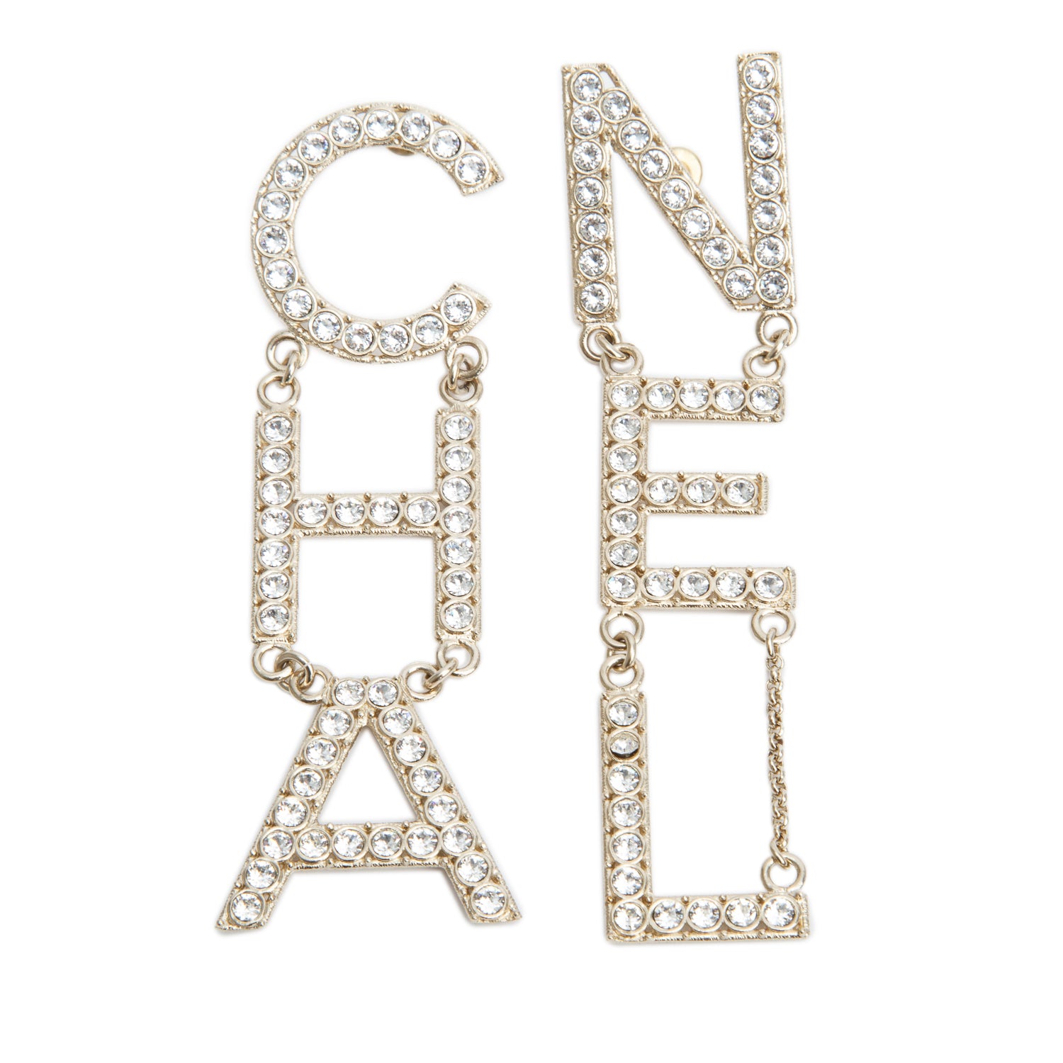 Chanel 2020 Gold Plated Strass 'CHA-NEL' Drop Earrings w/ Box
