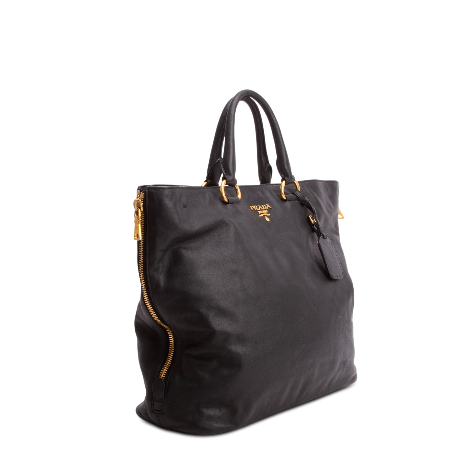 Prada Black Soft Calfskin Side Zip Tote w/ Strap