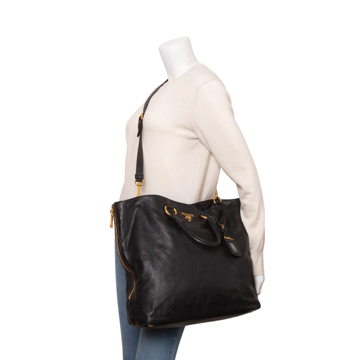 Prada Black Soft Calfskin Side Zip Tote w/ Strap