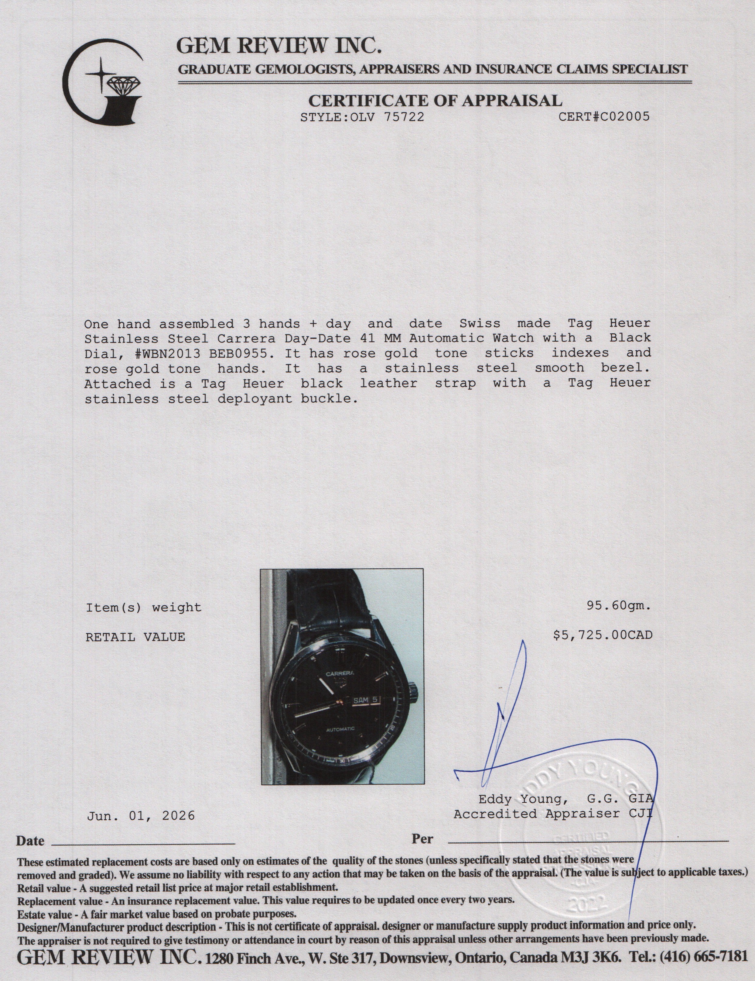 Tag Heuer Stainless Steel Carrera Day-Date 41 MM Automatic Watch Black Dial WBN2013 w/ Box & Papers