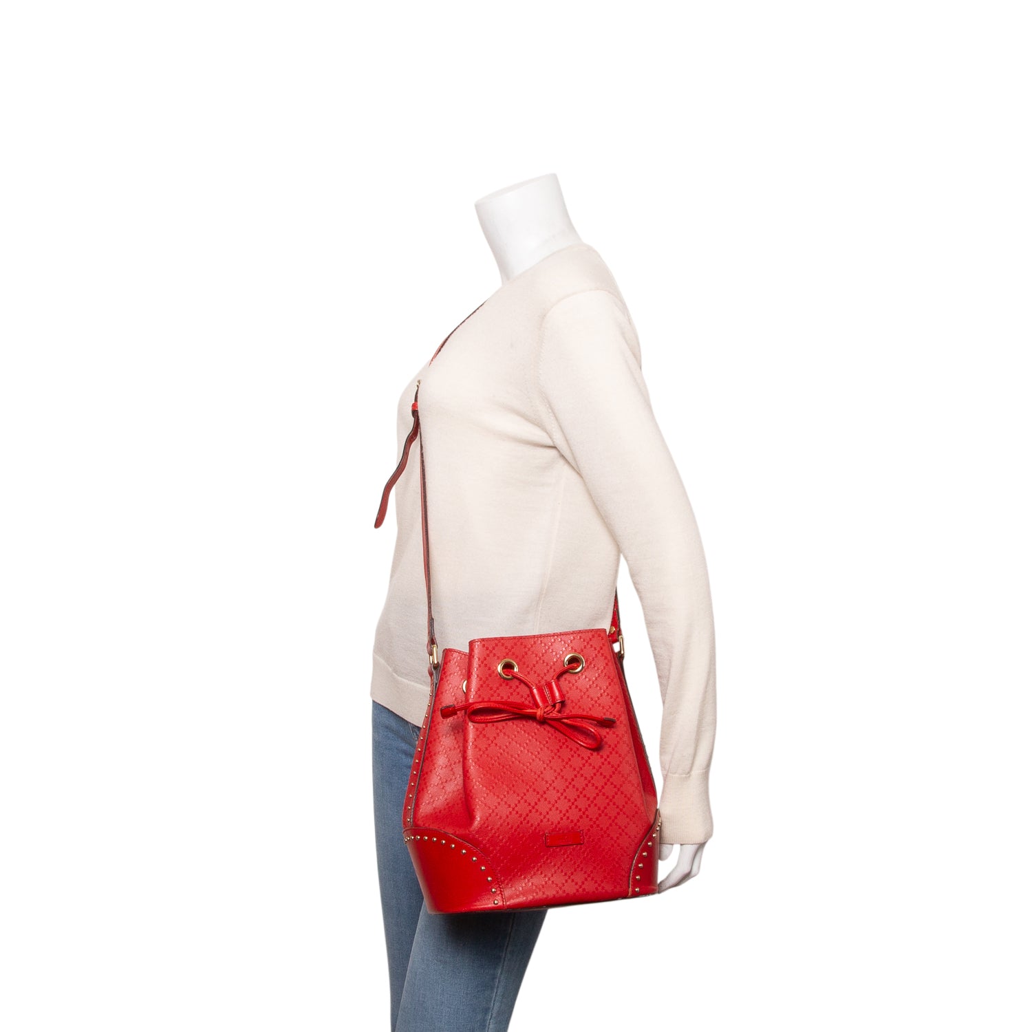 Gucci Red Hilary Lux Diamante Studded Medium Bucket Bag