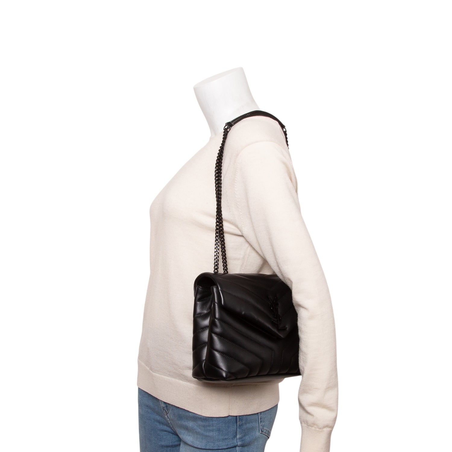 Saint Laurent 2021 Black Calfskin Y Quilted Monogram Small Loulou Chain Satchel