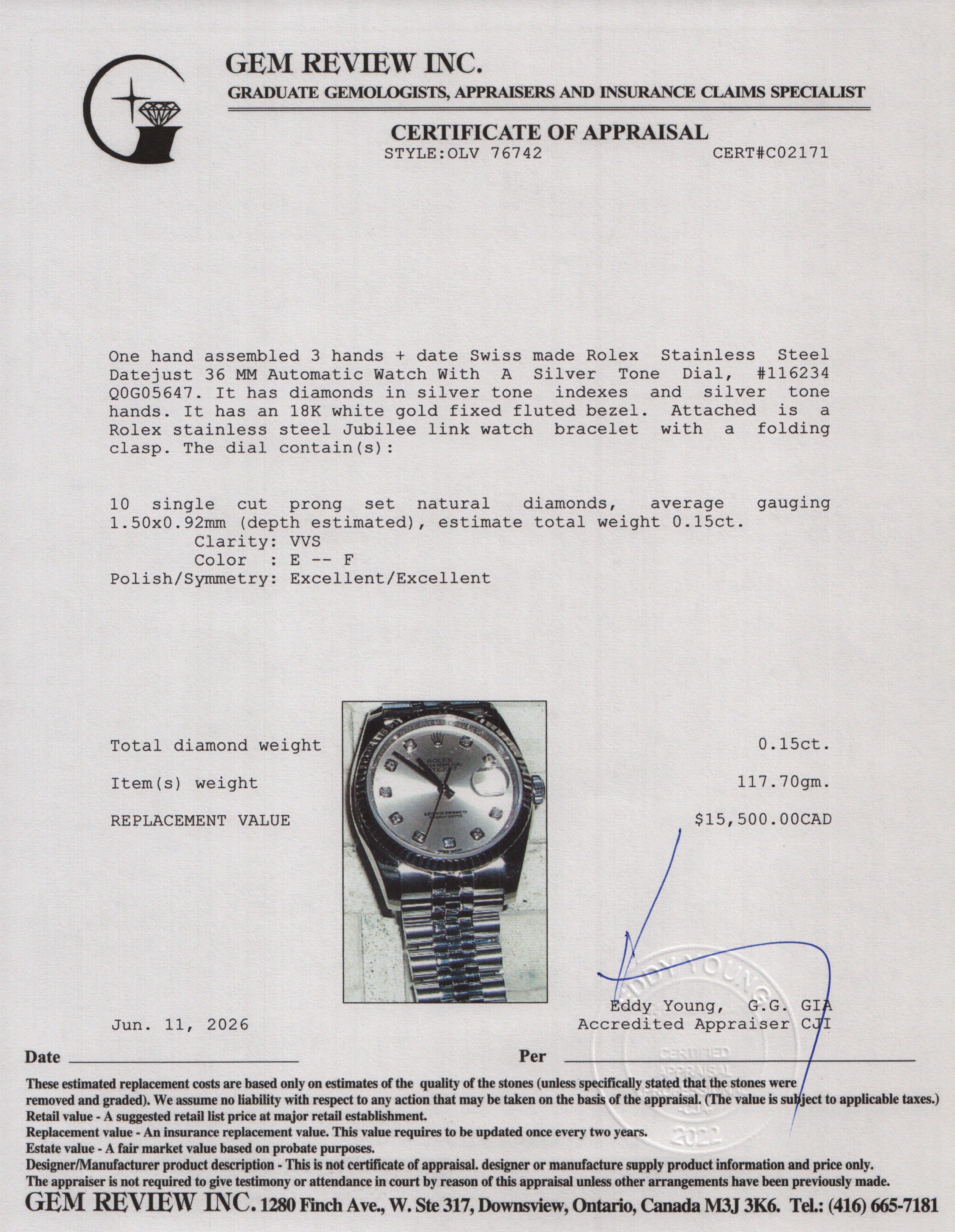 Rolex Stainless Steel Datejust 36 MM Automatic Watch Silver Diamond Dial 116234 w/ Box & Papers