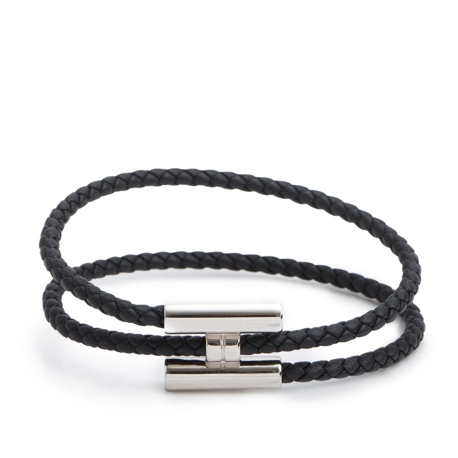Hermes Palladium Plated Black Calfskin Leather Tournis Tresse Bracelet w/ Box