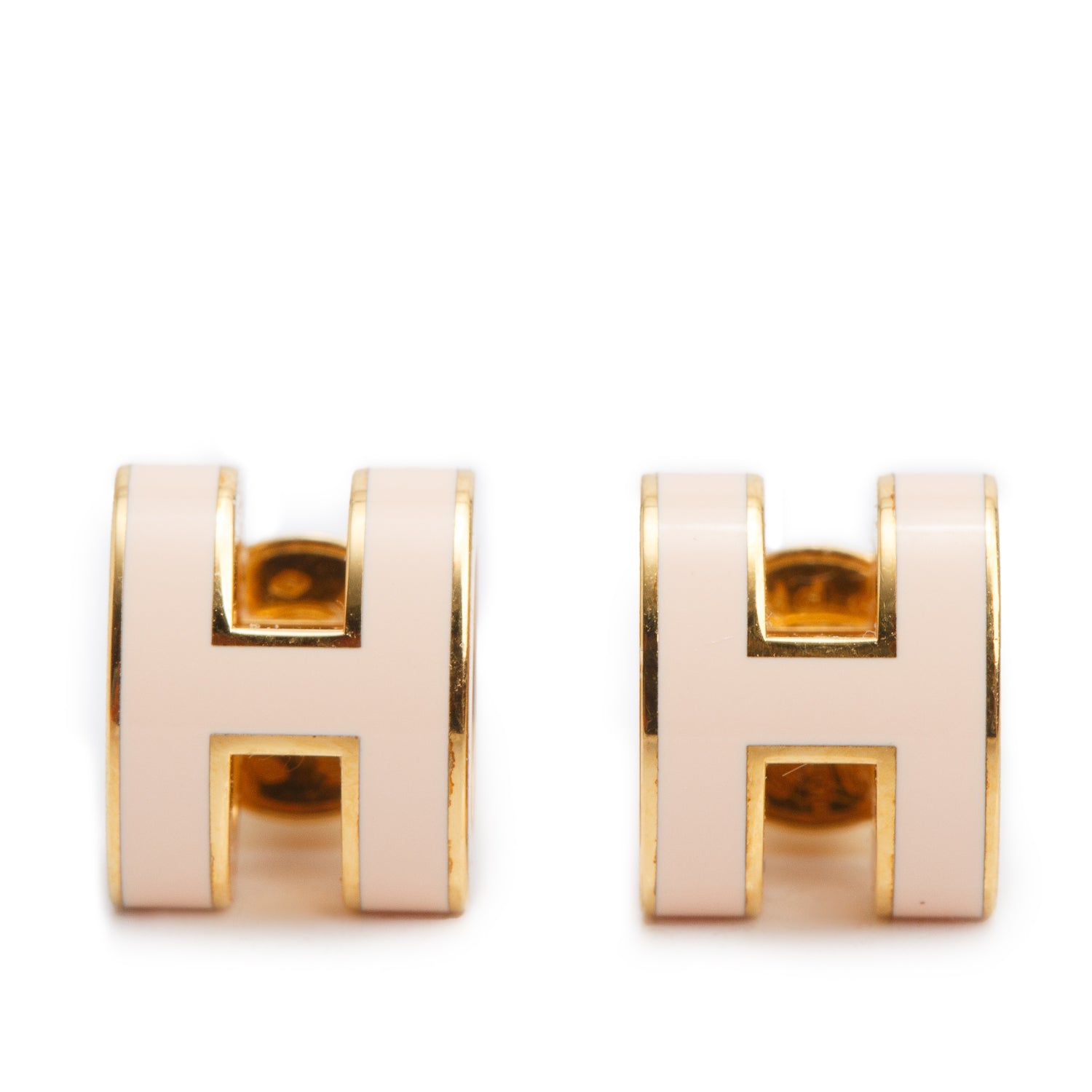 Hermes Gold Plated Pink Lacquered Mini Pop H Earrings w/ Box