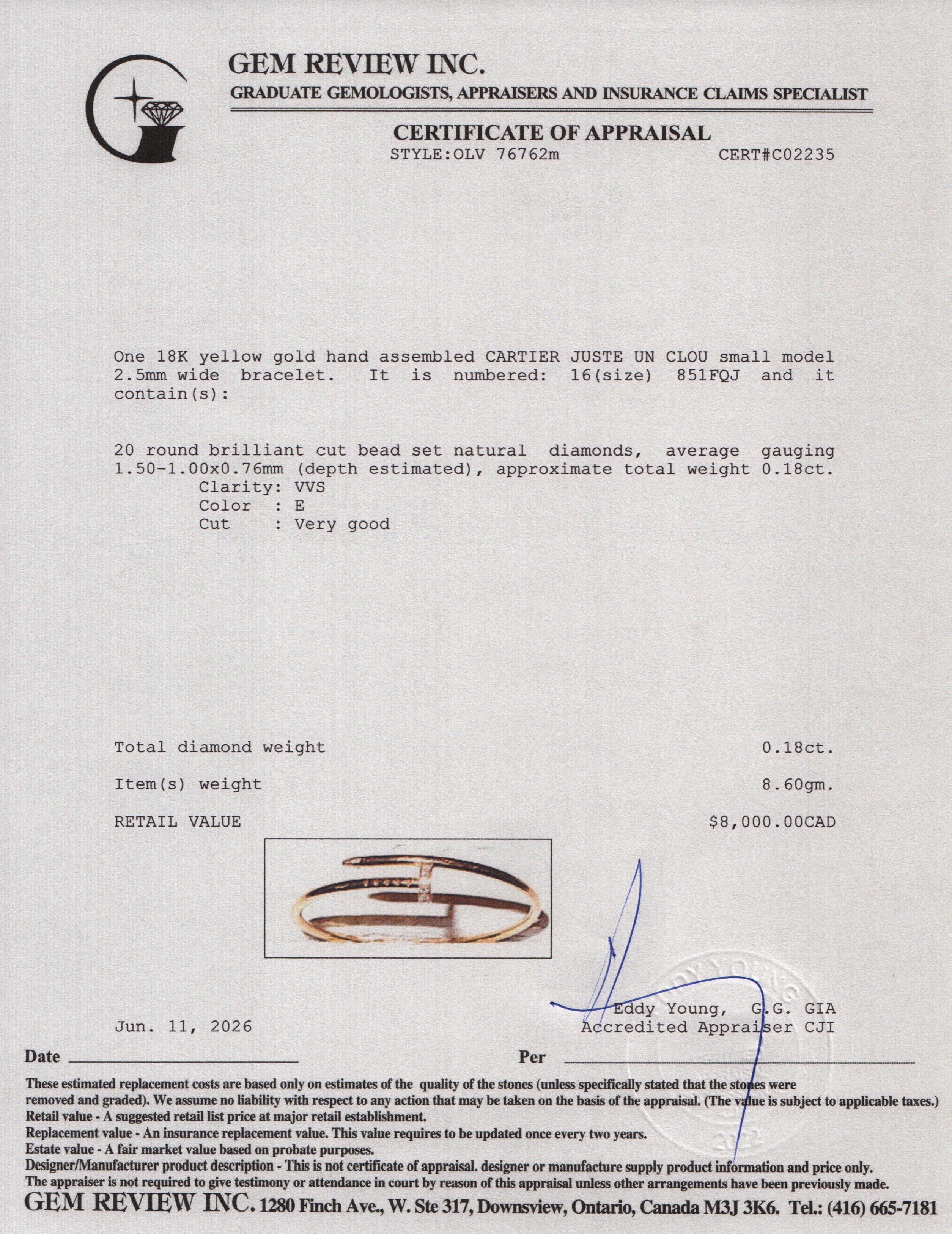 Cartier 18k Yellow Gold Juste Un Clou Diamond Bracelet, Small Model, Size 16 w/ Box & Paper