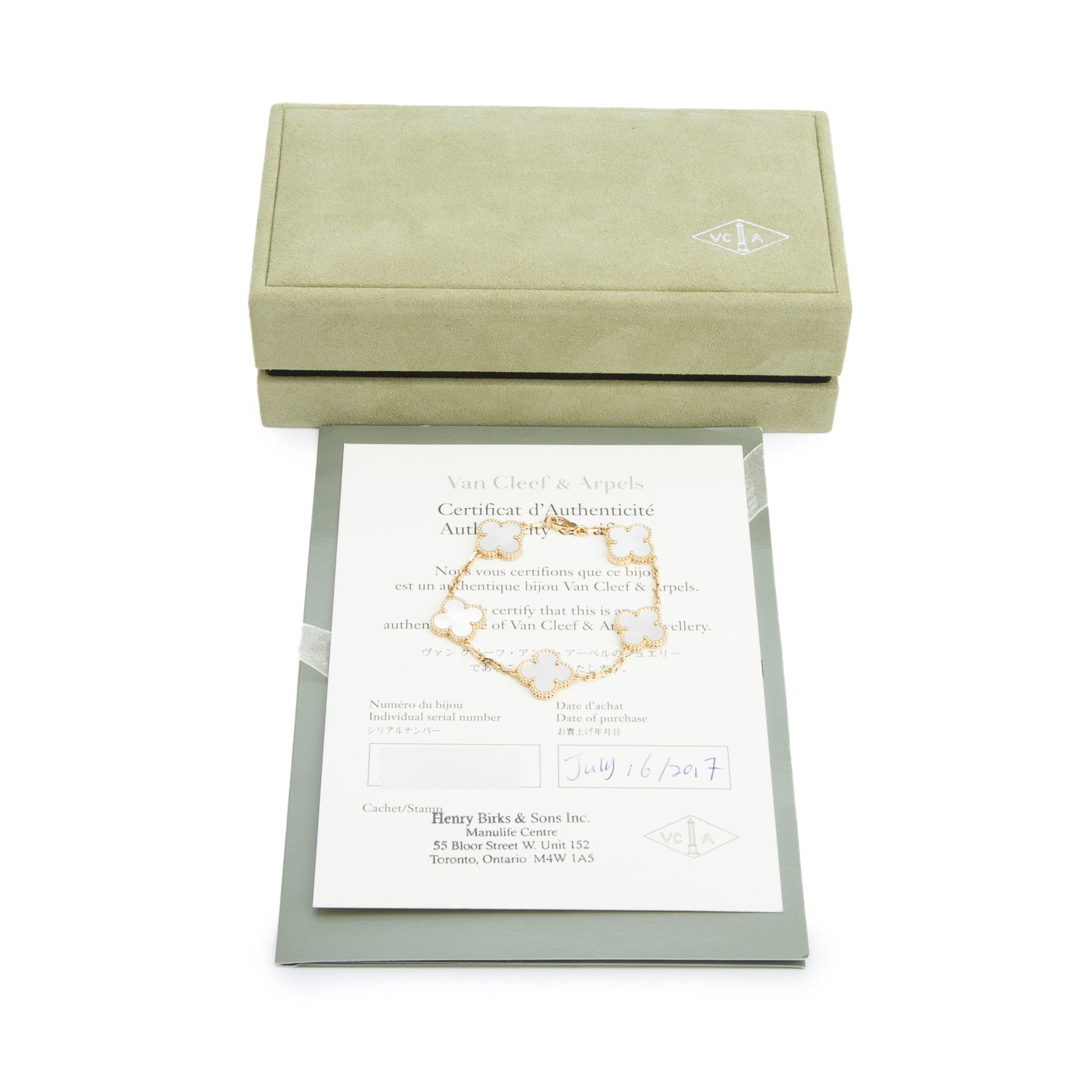 Van Cleef & Arpels 18k Yellow Gold Vintage Alhambra 5 Motif Mother of Pearl Bracelet w/ Box & Certificate