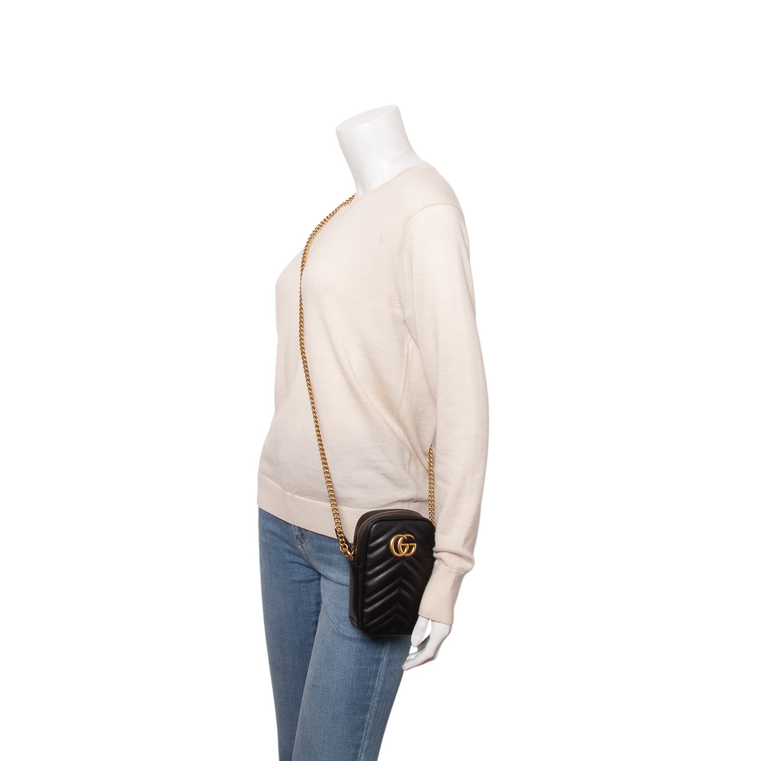 Gucci Black Calfskin Matelasse Mini GG Marmont Crossbody Bag