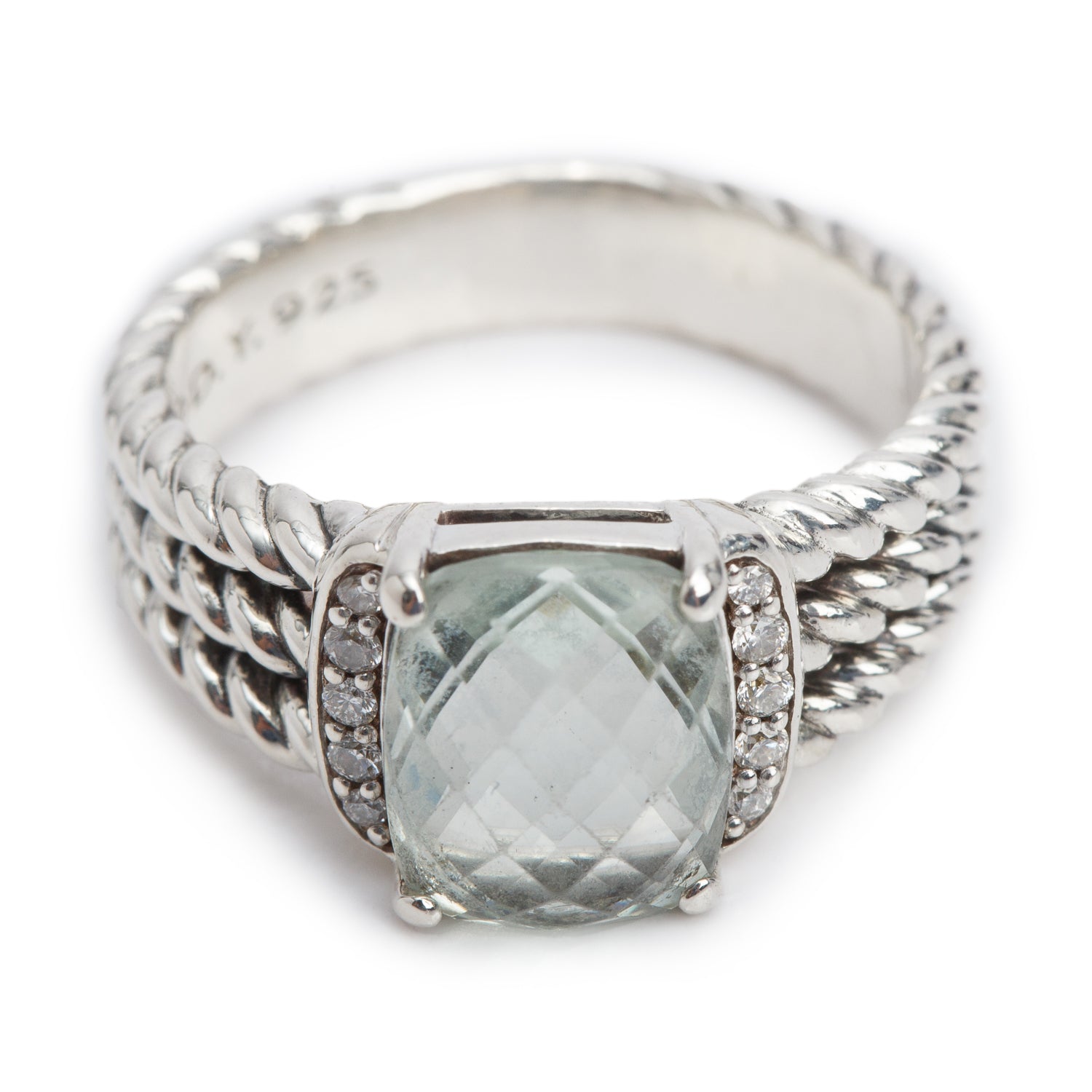 David Yurman Sterling Silver Petite Wheaton Ring with 10 MM Prasiolite & Diamonds, Size 6.75