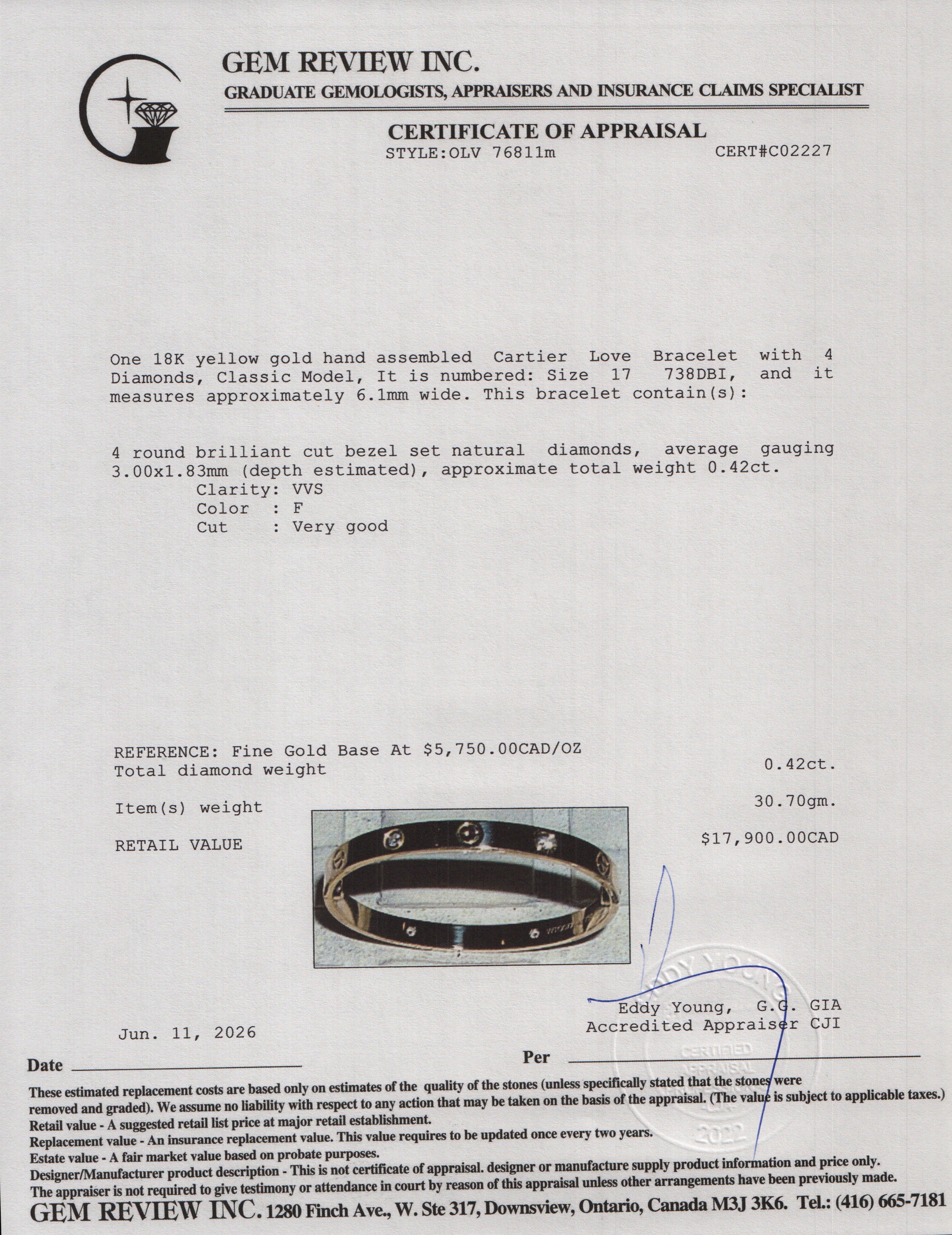 Cartier 2025 18k Rose Gold Love Bracelet with 4 Diamonds, Classic Model Size 17 w/ Box & Receipt
