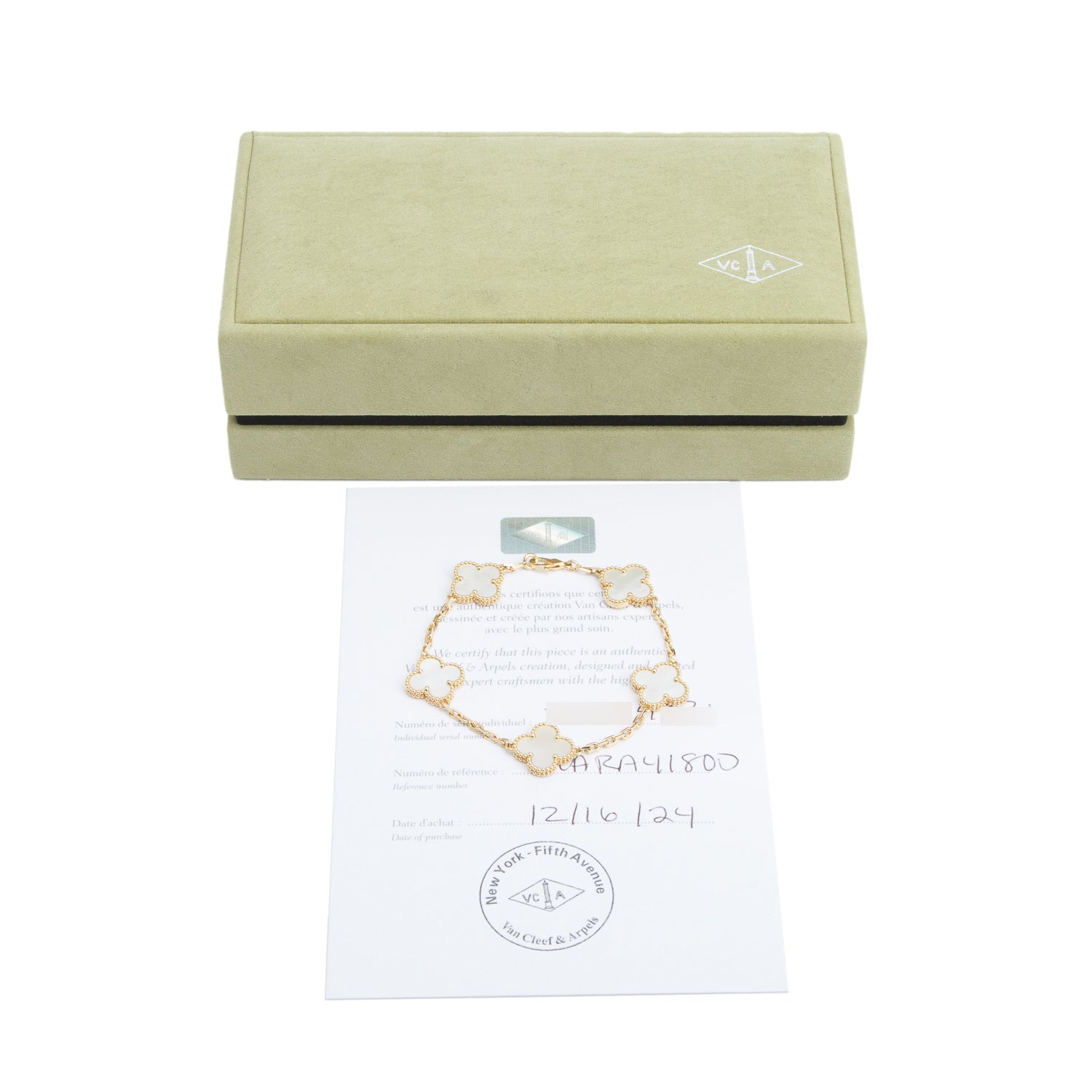 Van Cleef & Arpels 2024 18k Yellow Gold Vintage Alhambra 5 Motif Mother of Pearl Bracelet w/ Box & Certificate
