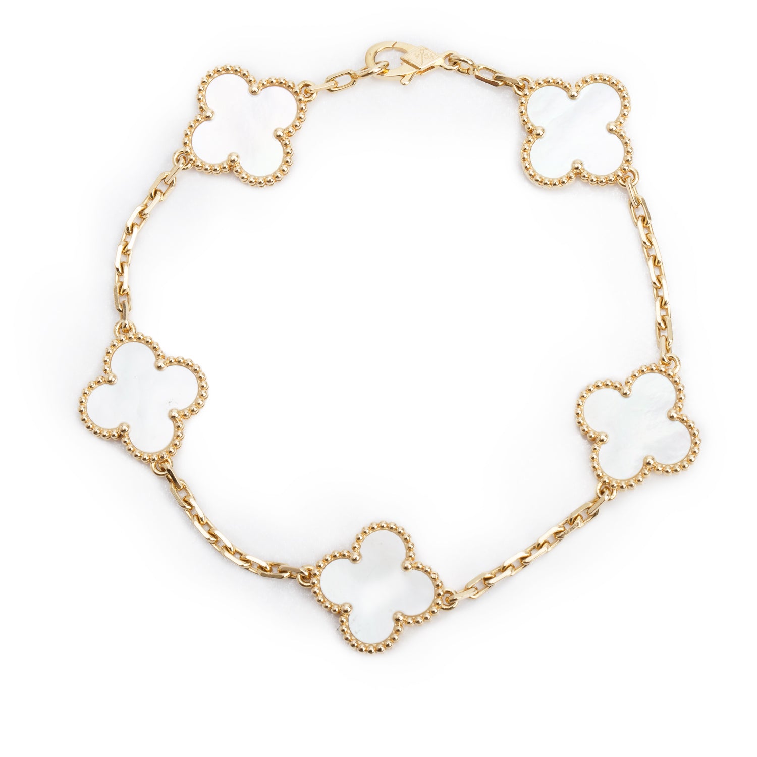 Van Cleef & Arpels 2024 18k Yellow Gold Vintage Alhambra 5 Motif Mother of Pearl Bracelet w/ Box & Certificate