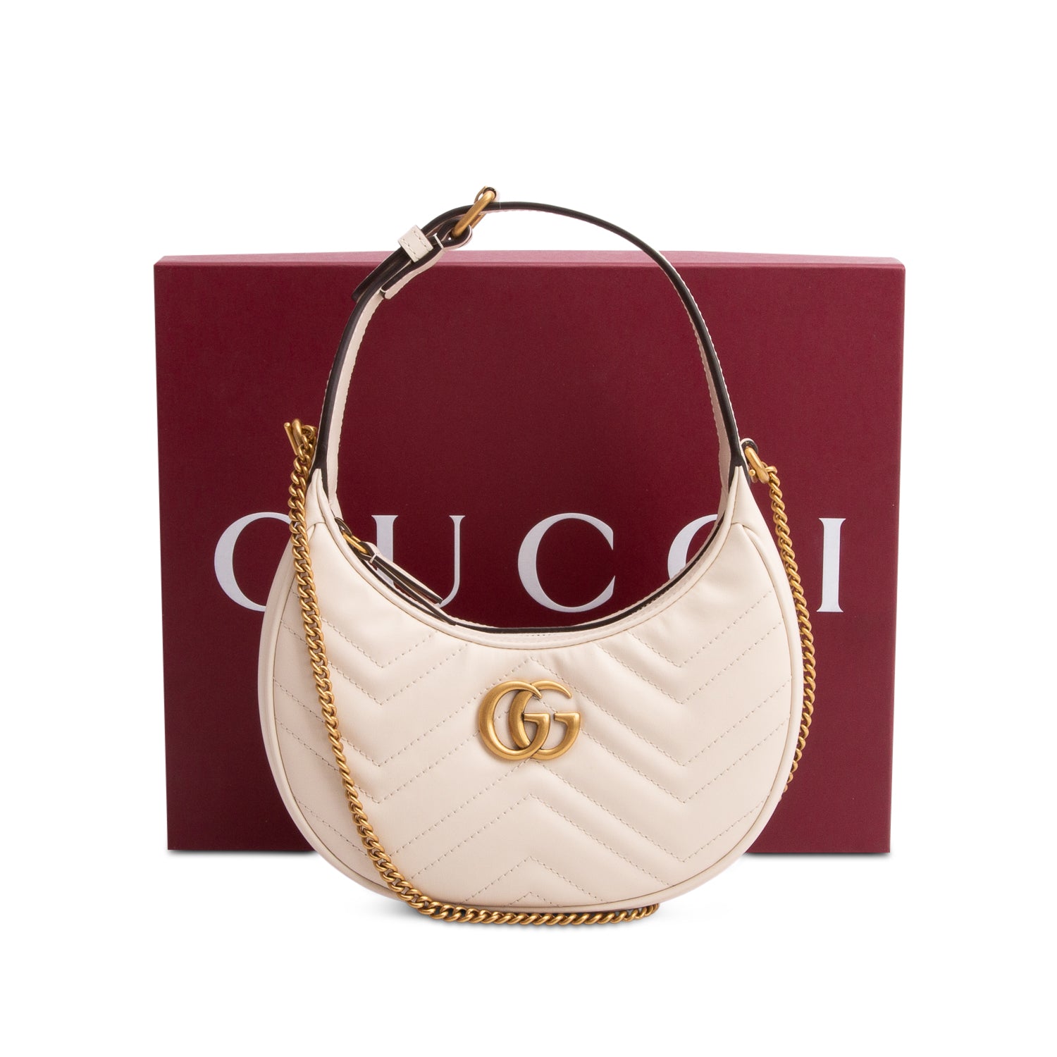 Gucci Cream Calfskin Matelasse Chevron Mini GG Marmont Half Moon Hobo w/ Box & Strap