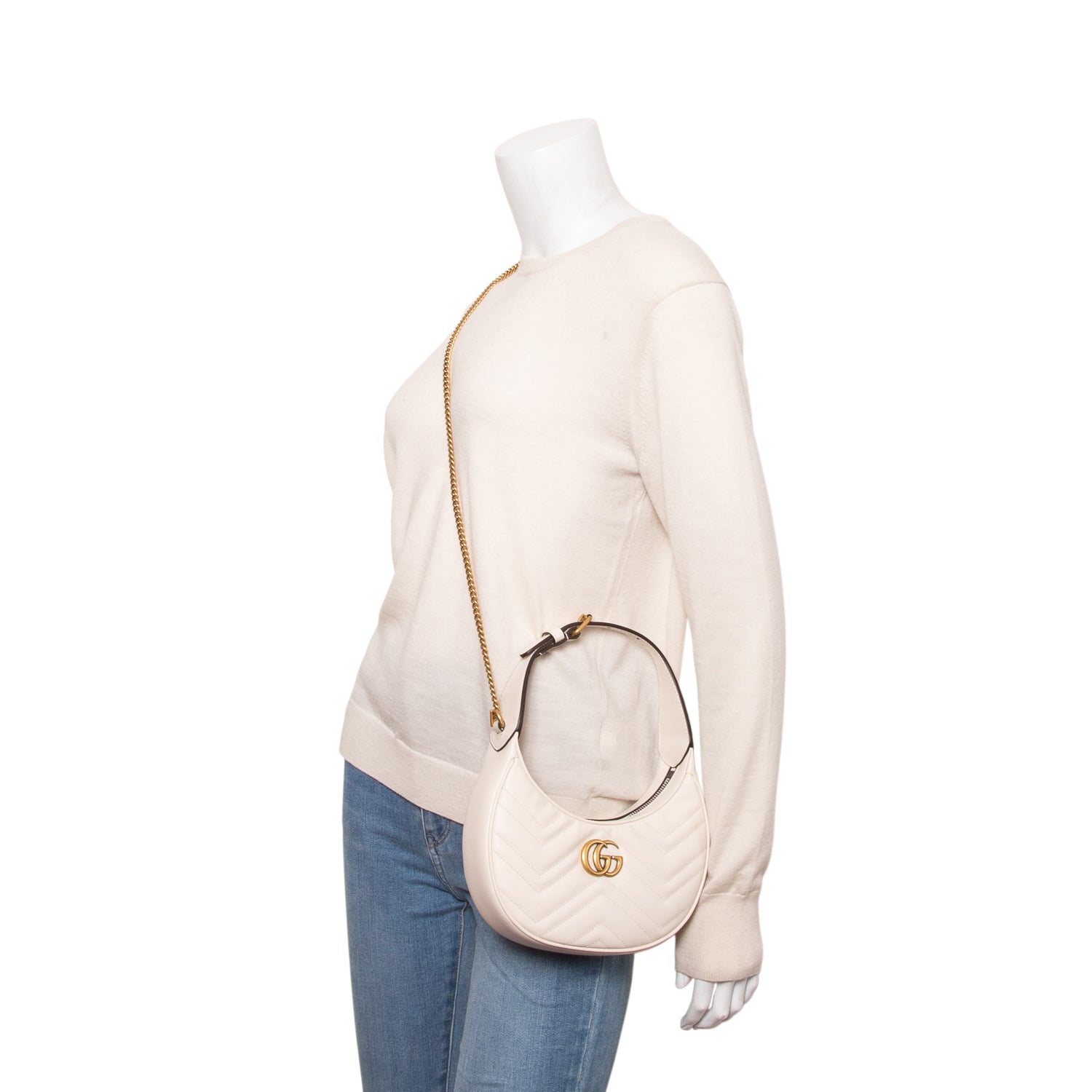 Gucci Cream Calfskin Matelasse Chevron Mini GG Marmont Half Moon Hobo w/ Box & Strap