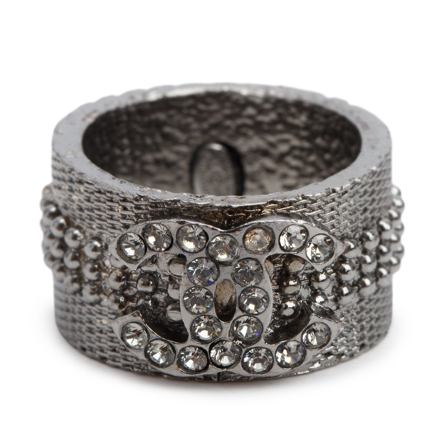 Chanel Ruthenium Plated Strass CC Textured Band Ring, Size 6.25