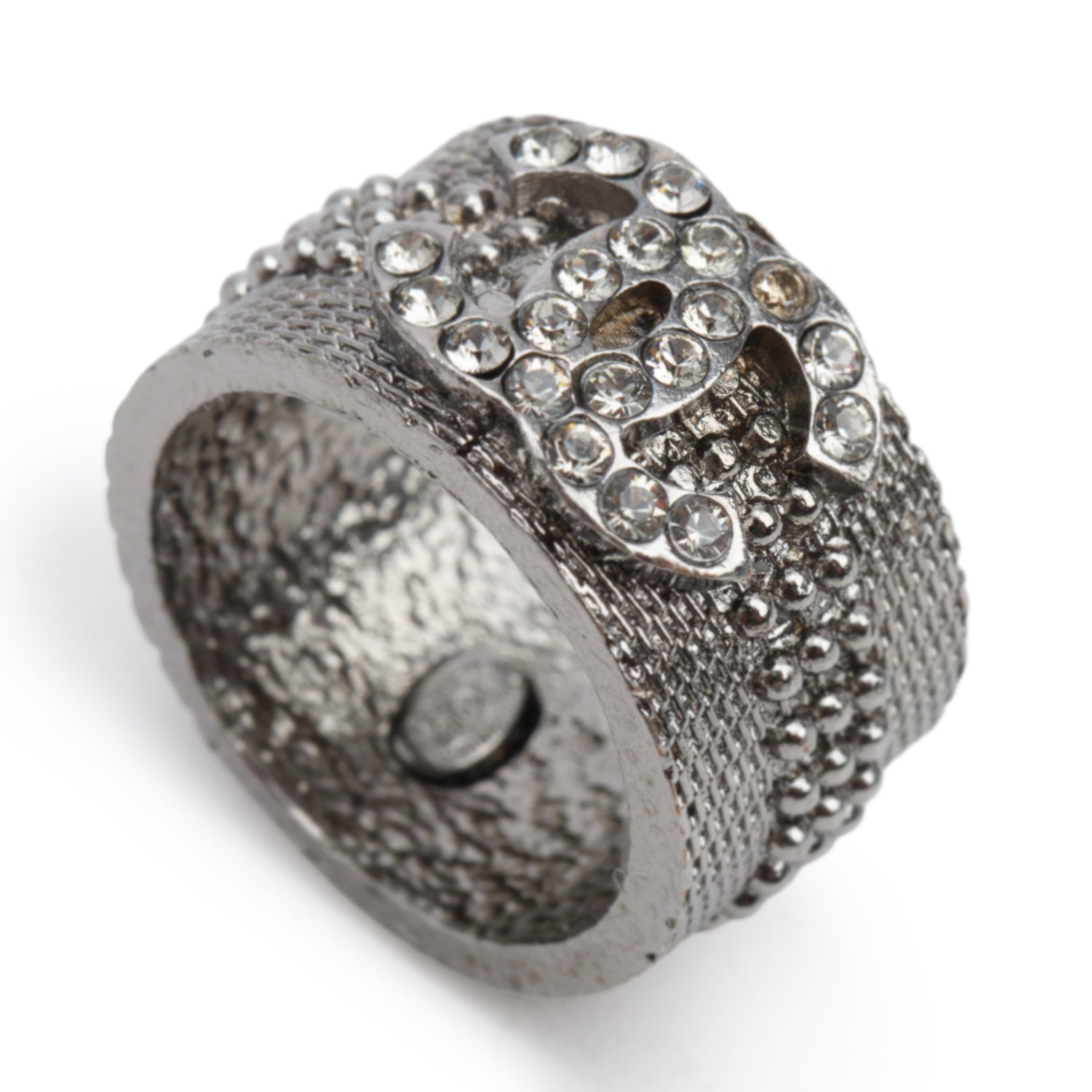 Chanel Ruthenium Plated Strass CC Textured Band Ring, Size 6.25
