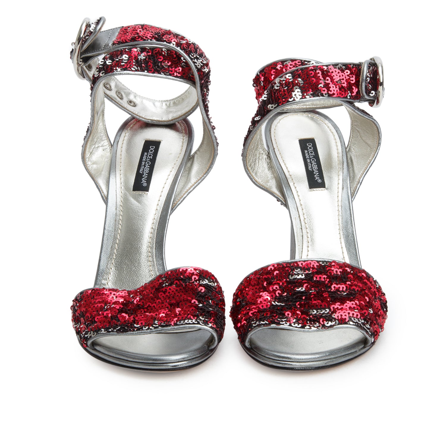 Dolce & Gabbana Silver & Red Leather Sequin Ankle Wrap Sandals, Women's Size 38
